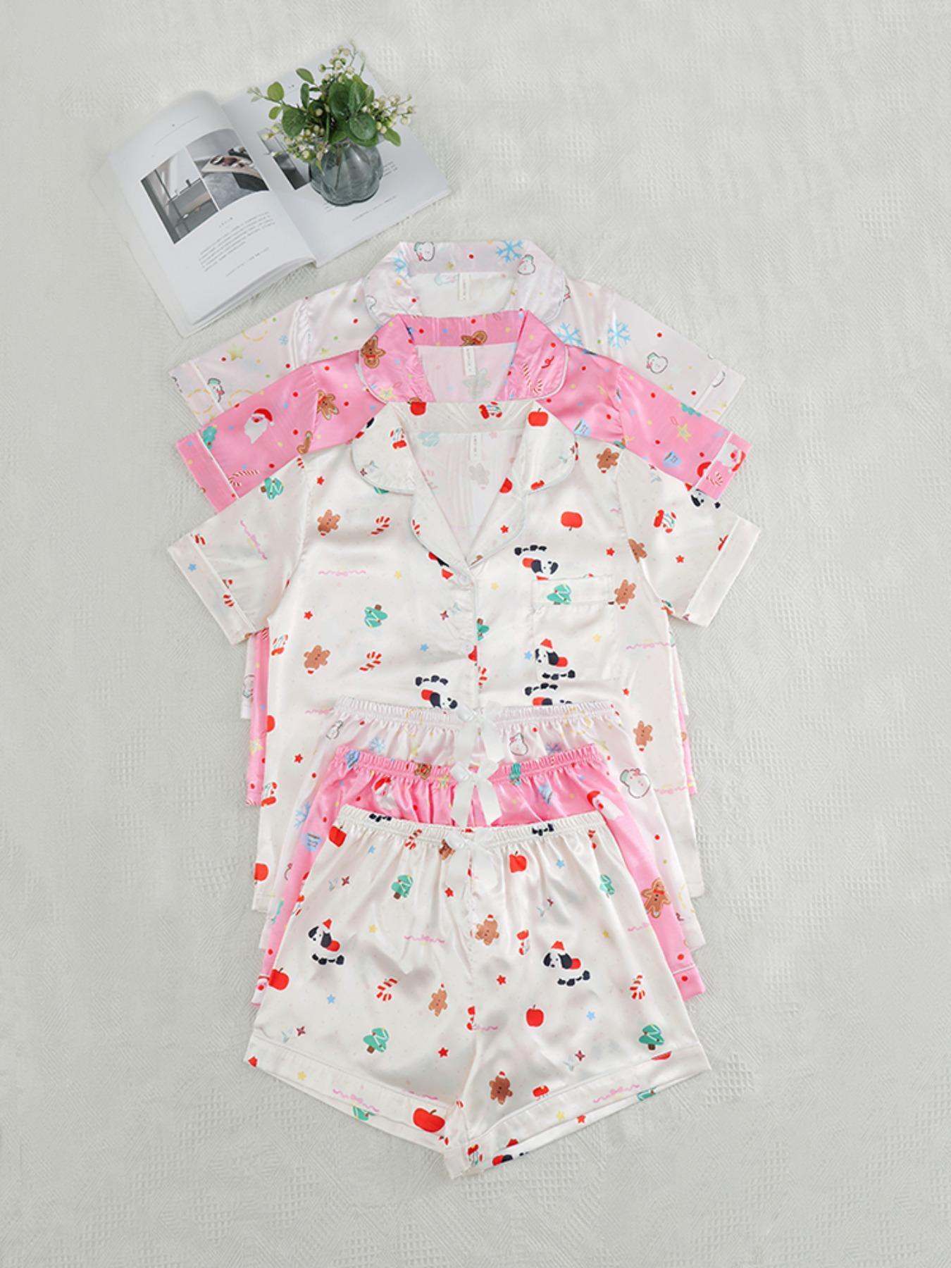 Women's Solid Contrast Binding Bow Decor Pajama Set, Short Sleeve Button Front Lapel Shirt & Shorts Pj Set, Ladies Summer Sleepwear & Loungewear