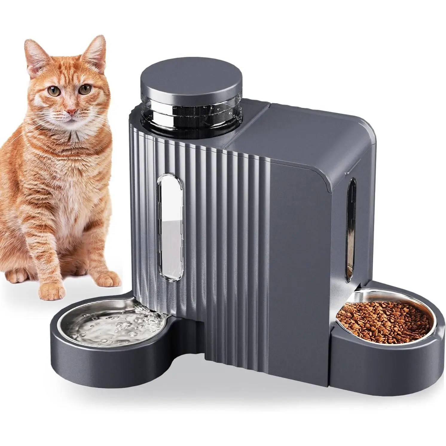 Automatic Gravity   Feeder and Water Dispenser Stainless Steel Two-in- Set Large Capacity Dispenser for s Dogs, Puppies, Kittens-(0.8 Gallons x 2)
