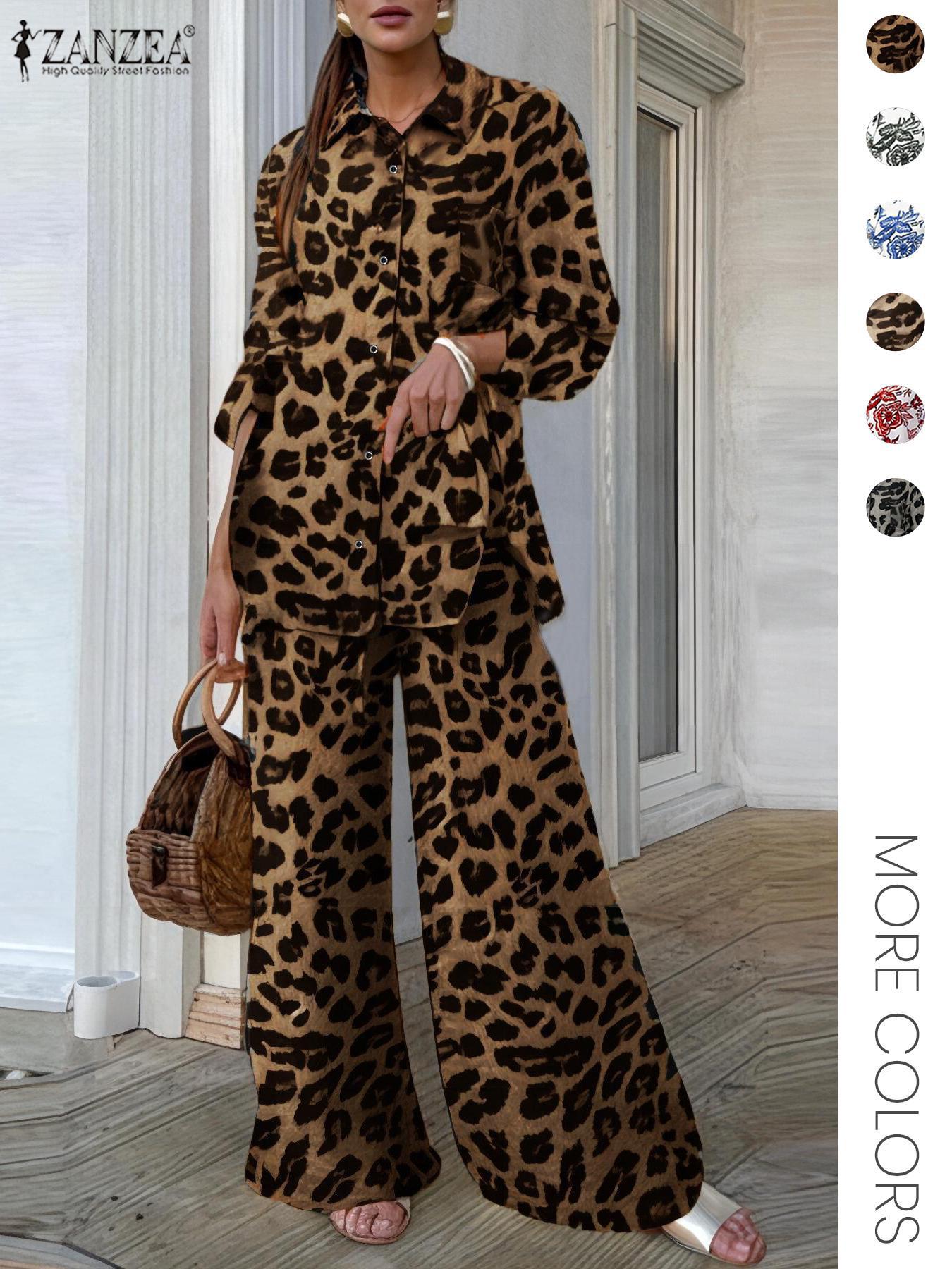Two-piece Set Women's Leopard Print Button Front Shirt & Elastic Waist Wide Leg Pants, Casual Long Sleeve Pocket Collared Top & Tie Front Trousers for Daily Wear, Ladies Fall & Winter Clothes, Flared Pants Set