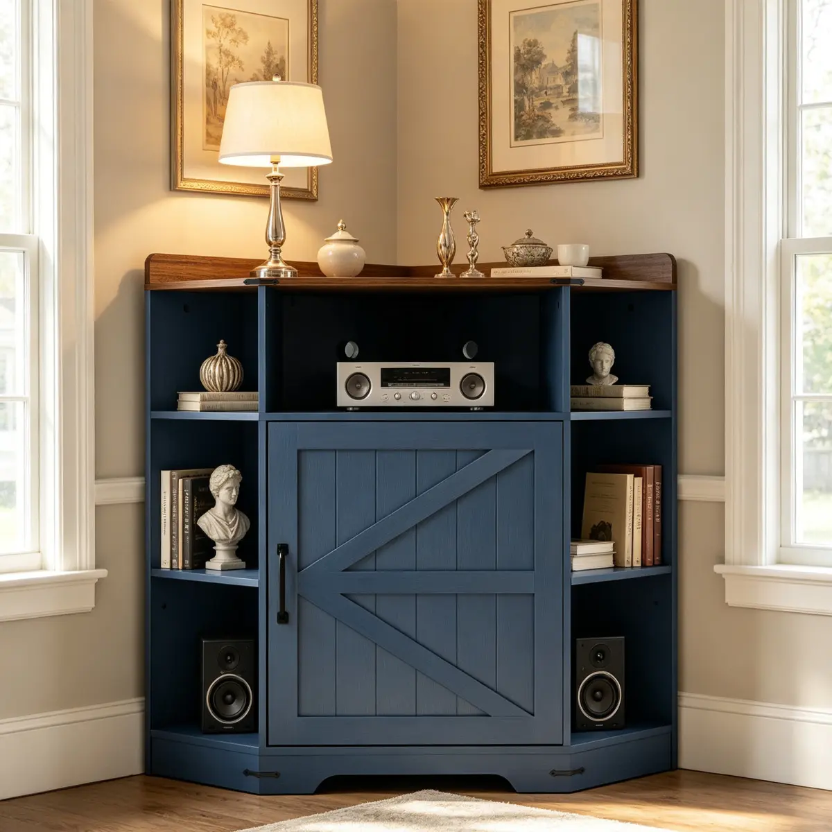Industrial Corner Cabinet with USB Outlets, 6-Cubby Wood Pulp Fiber Storage Shelf - Corner Shape Organizer for Small Spaces, Study, Living Room