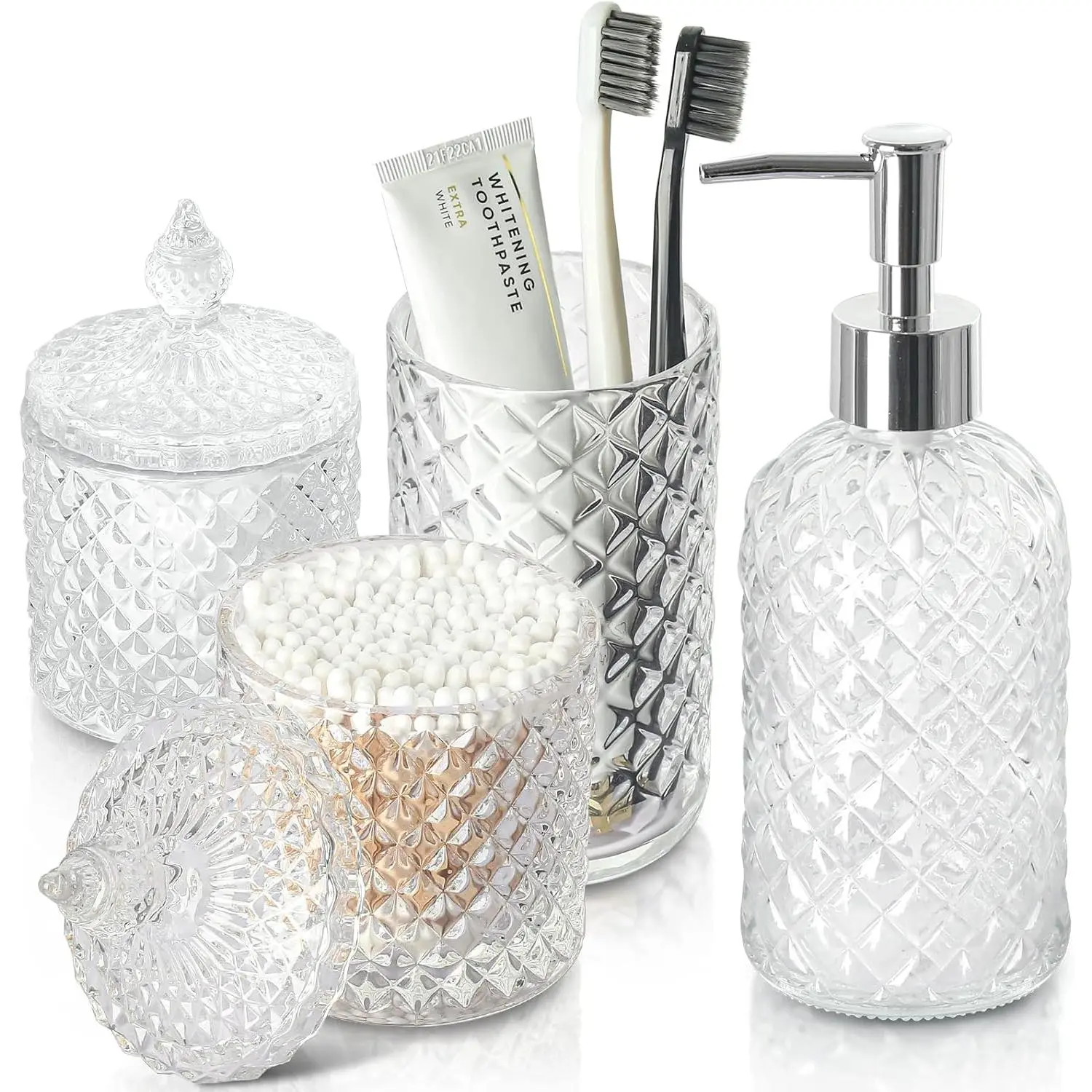 Bathroom Accessories Set, 4 Pack Clear Glass Bath Accessory Sets Complete, Diamond Soap Dispenser and Toothbrush Holder Set for Bathroom Counter Organizer Essentials, Modern Bathroom Decor