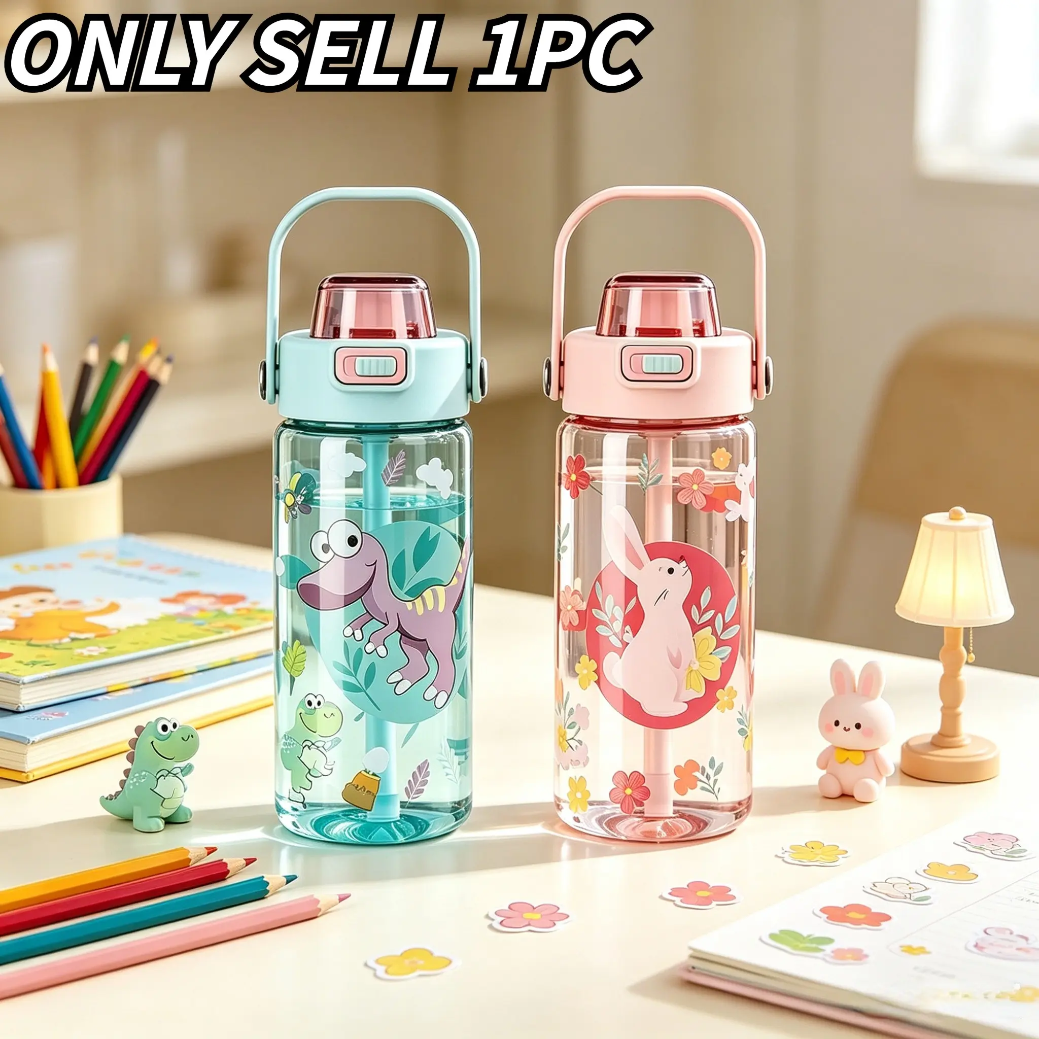 Cute Dinosaur Floral Bunny Kids Straw Cup, 600ML Large Capacity Plastic Cup, Anti-Drop Portable Water Bottle, Ideal for Outdoor Activities