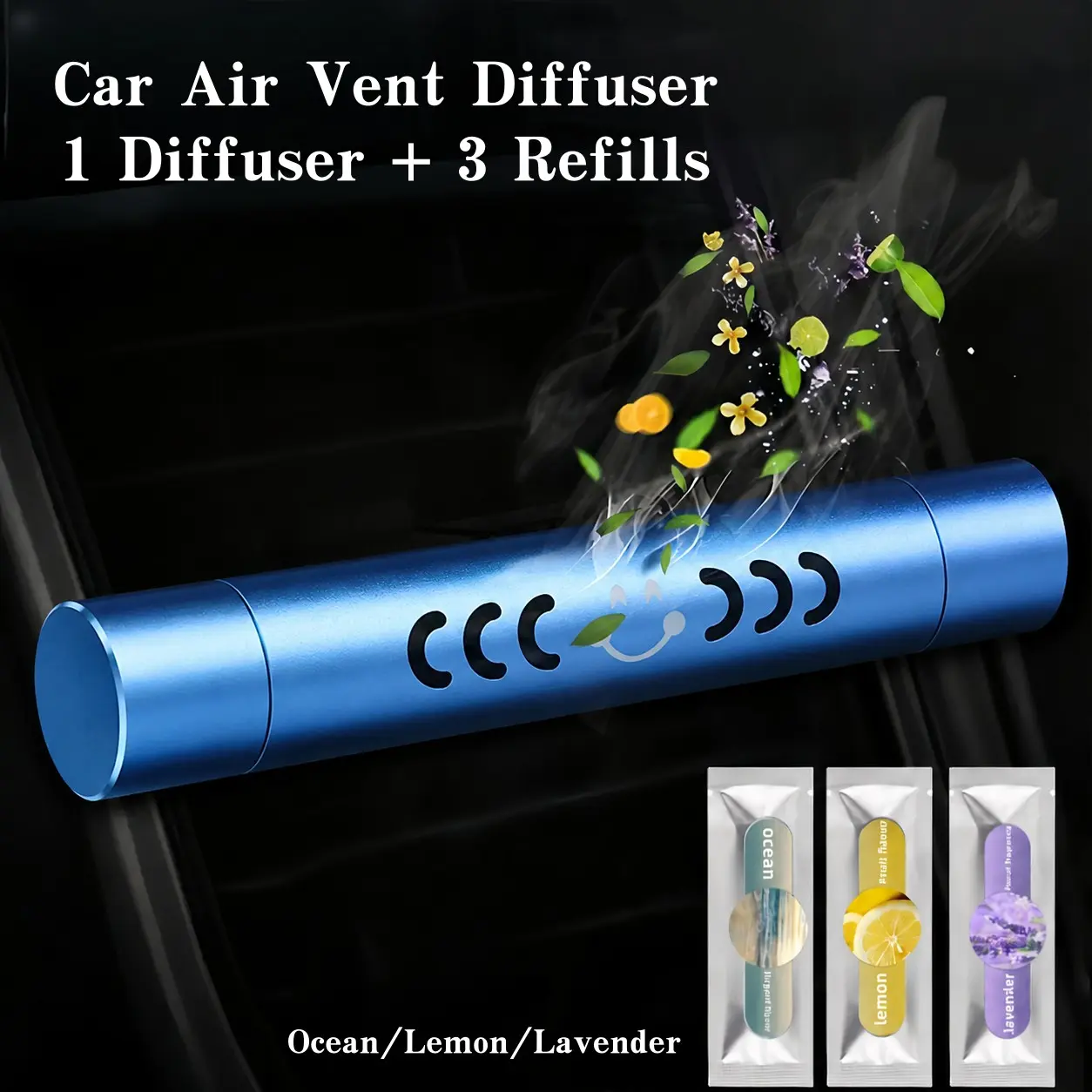 1PC Car Air Vent Diffuser + 3 Refills, Reusable Vent Clip Air Freshener, Compact Car Fragrance Diffuser for Fresh Interior Scent