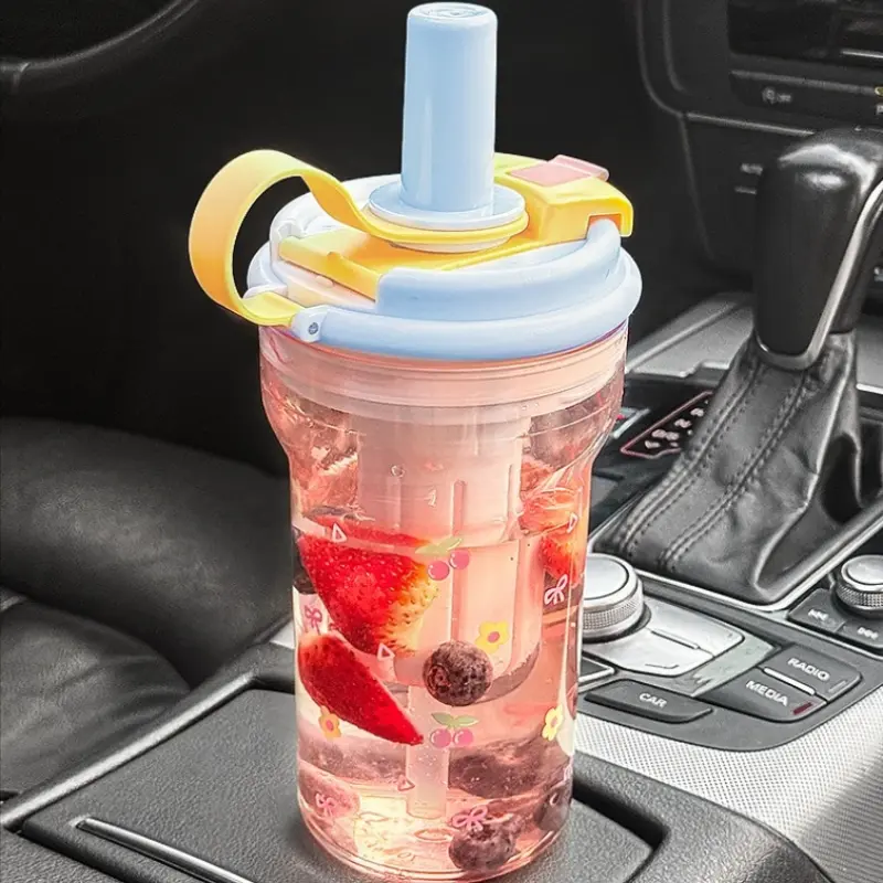 Kawaii 700ML Clear Water Bottle with Tea Infuser Filter, Dual Drink Design Straw & Direct Sip Tumbler, Drinkware, Portable Leakproof Plastic Water Cup with Cartoon Print, BPA Free Summer Fruit Infusion Cup for Travel Gym School Office Girls Women Gift