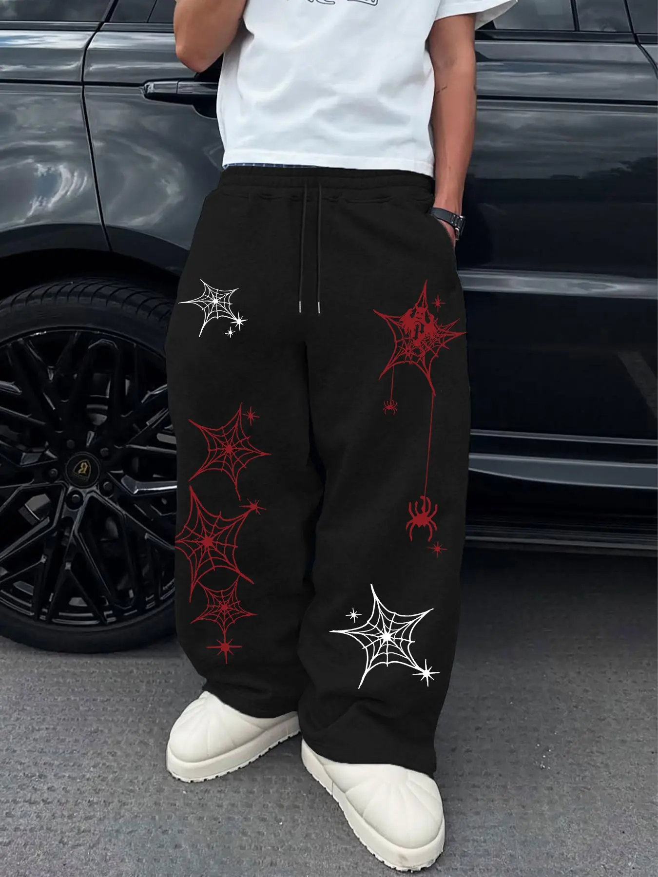 Dark Style Spider Web Print Sweatpants, American High Street Wide Leg Pants, Casual Loose-Fitting Floral Pattern, All Seasons Wear