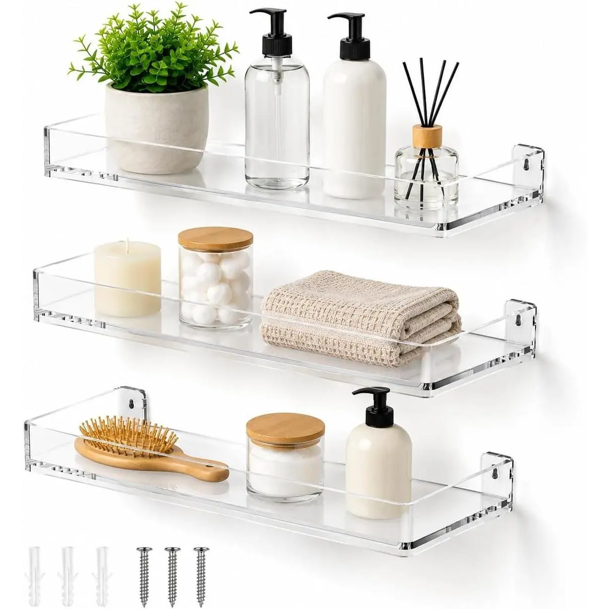 Acrylic Floating Shelves, Clear Perfume Shelf for Wall, Set of 3 | Wall Mounted Hanging Bookshelves, Display Wall Shelves Storage Organizer for Bathroom, Bedroom, Kitchen, Easy Installation