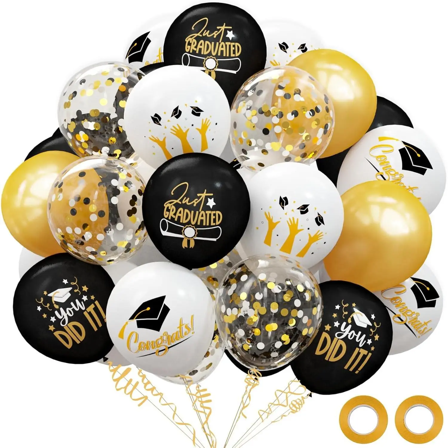 68-Pc Latex Graduation Balloon Set with Ribbon - 12 Inches, Black White, Confetti, Inspiring Phrases, Helium-Supported Wall Decor for College Grad Party Celebrations