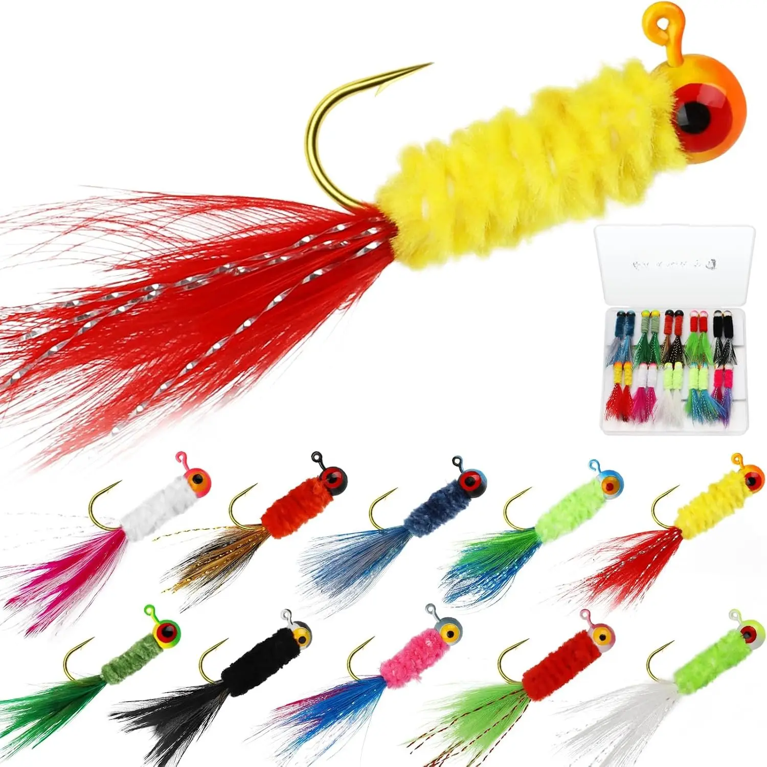 Crappie Jigs, Jig Heads with  Hand-Tied Marabou Jigs Ice | Fly Fishing Lures 10 Colors 1/32oz 1/16oz 1/8oz Fishing Hair Jigs for Panfish Sunfish Walleye 20-40pcs