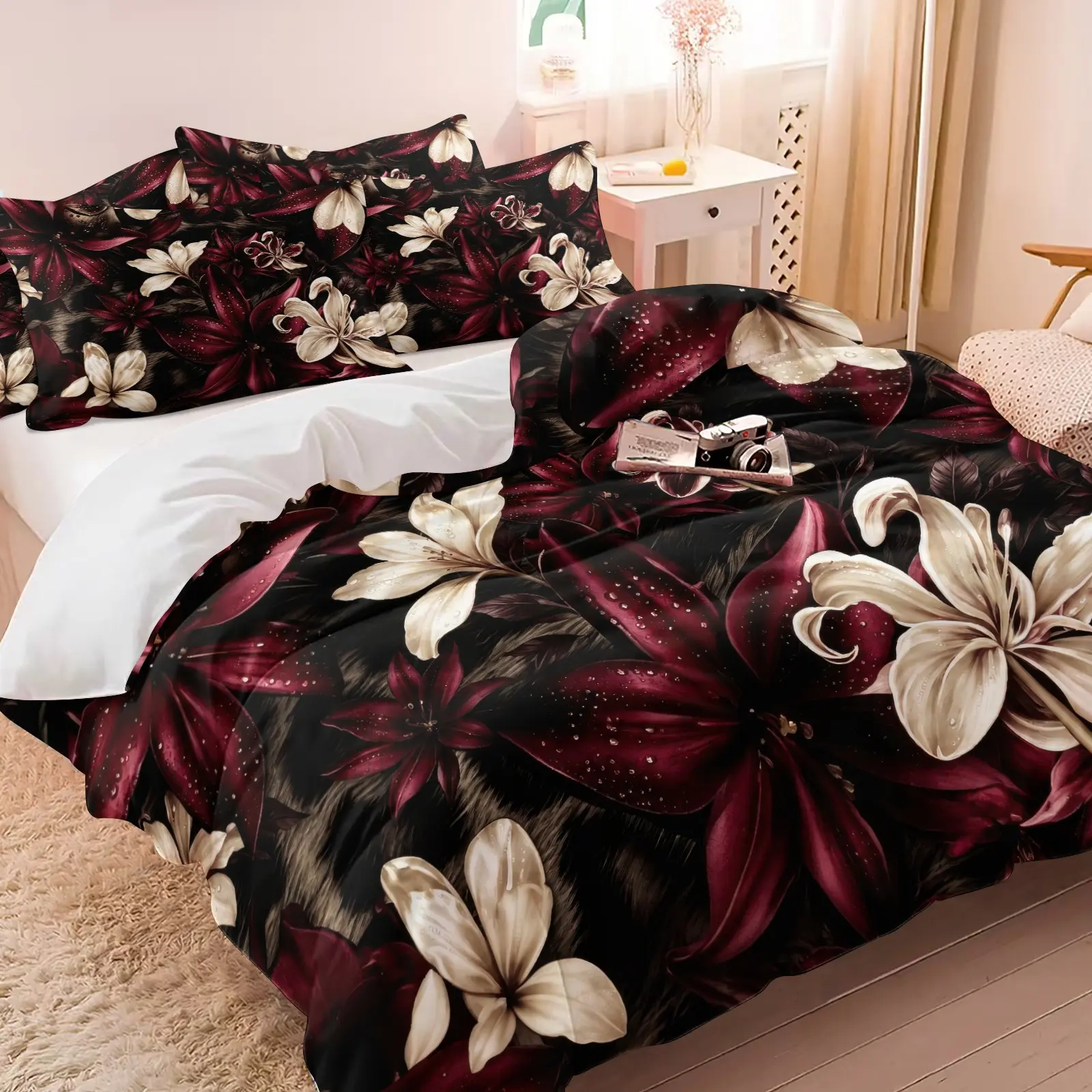 Vintage Leopard Red Lily Flower Bedding Set, 1 Duvet Cover + 1/2 Pillowcases, HD Digital Printing Realistic Floral Design, Soft Cozy Breathable All Season Microfiber Bed Linen, Luxury Duvet Cover for Bedroom College Dorm