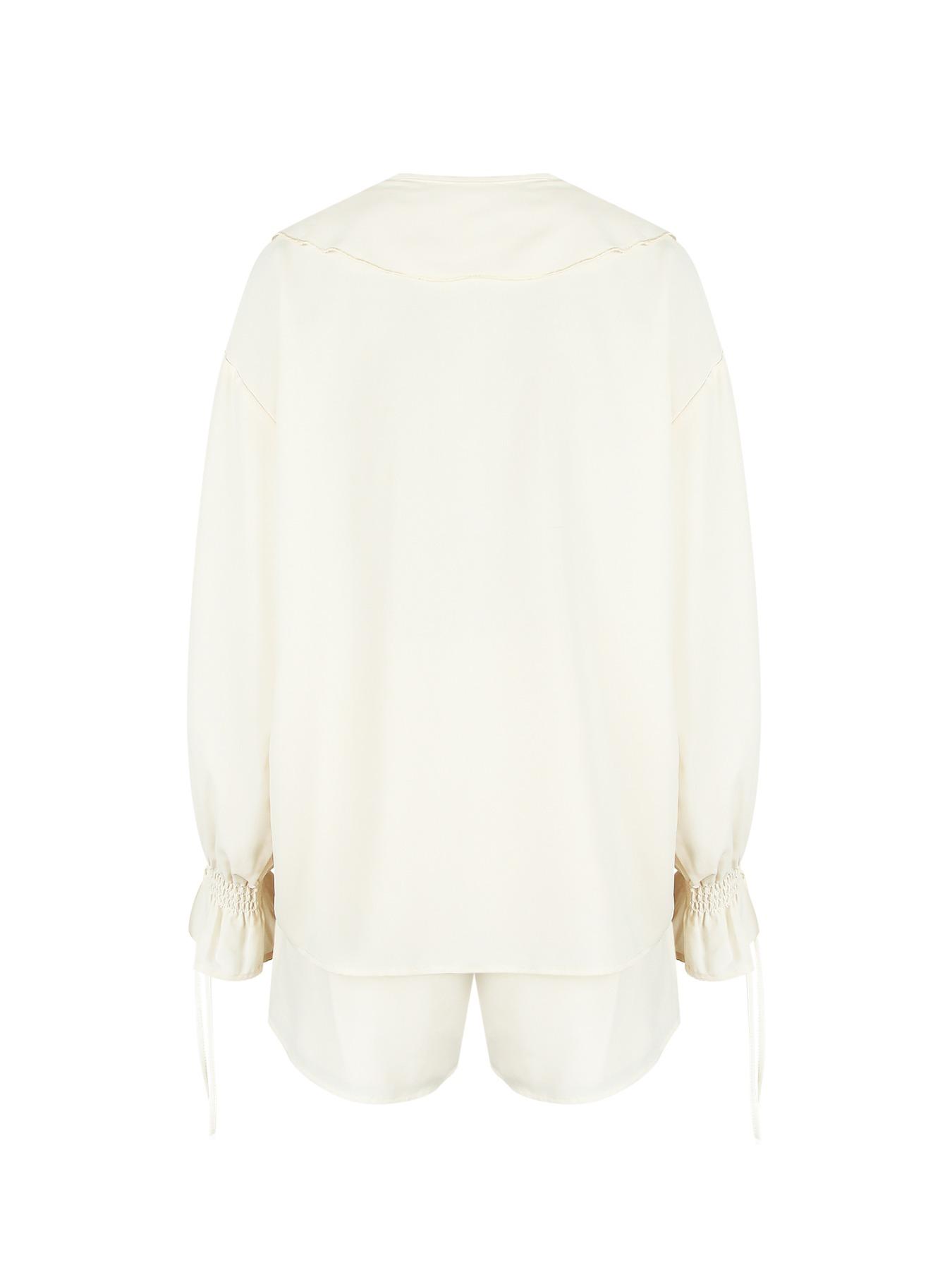 Women's Solid Ruffle Trim Blouse & Shorts Two-Piece Set, Casual Bishop Sleeve Long Sleeve Top & Shorts for Daily Wear, Ladies Two-piece Outfits for Summer