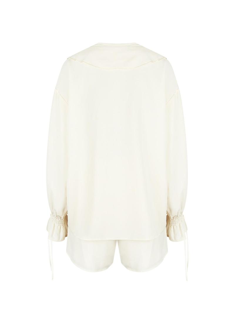 Women's Solid Ruffle Trim Blouse & Shorts Two-Piece Set, Casual Bishop Sleeve Long Sleeve Top & Shorts for Daily Wear, Ladies Two-piece Outfits for Summer