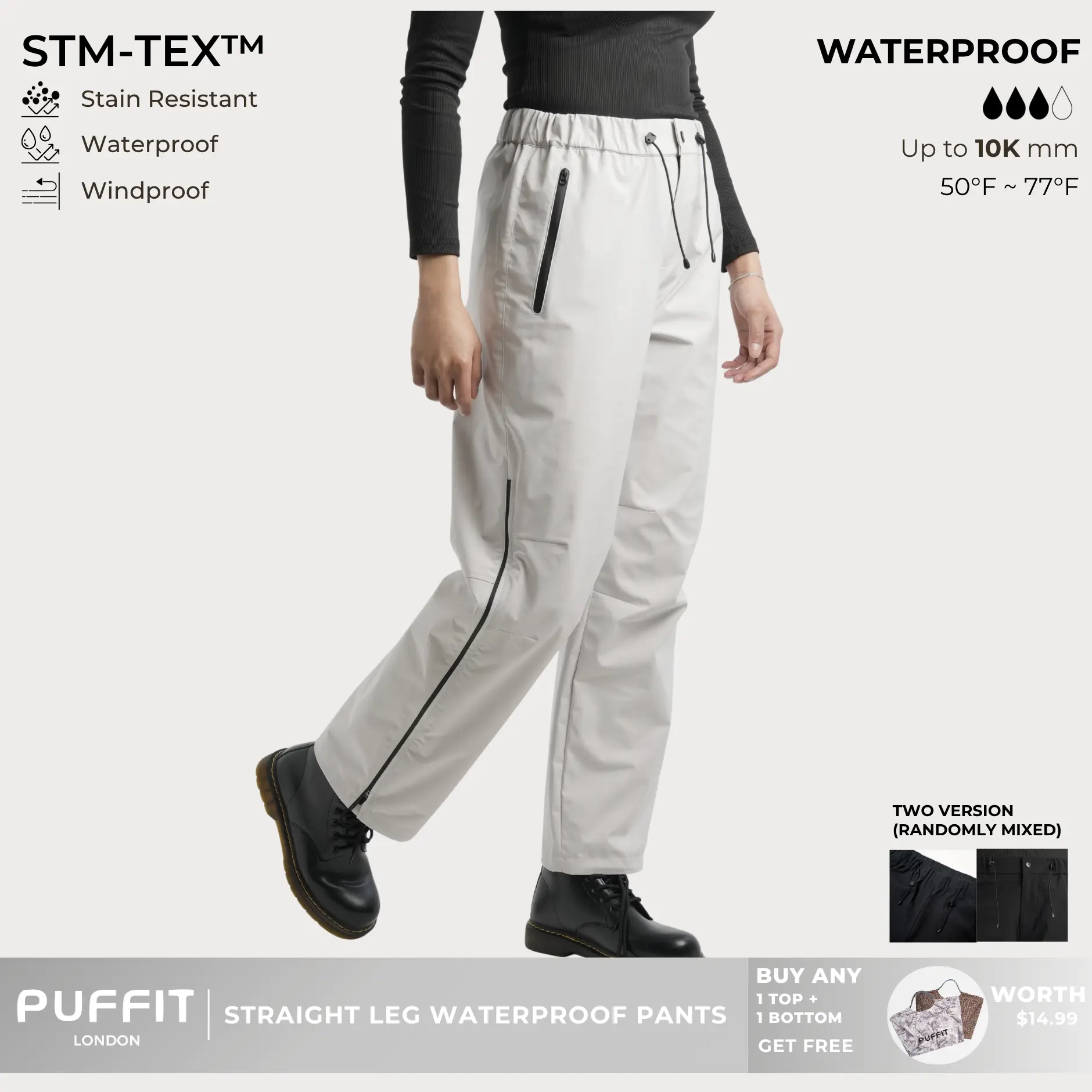 PUFFIT STM-TEX  Relax Fit Straight Leg Waterproof Pants With 2 Side Zip Hem, Lightweight, Breathable & Eco Fabric,Work, Walk & Outdoor Ready,Comfort Fit,Hiking,Casual Fitted Style
