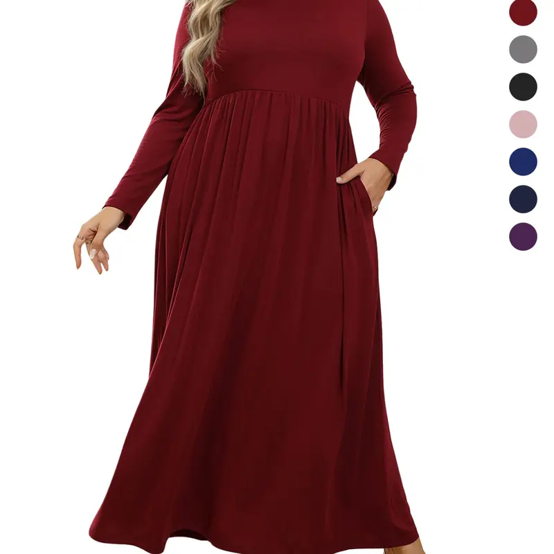 Women's Round Neck Stretchy Casual Long Plus Size Dress, Perfect for Bridesmaids, Vintage Style Wedding, Party & Evening Wear Comfortable Fabric