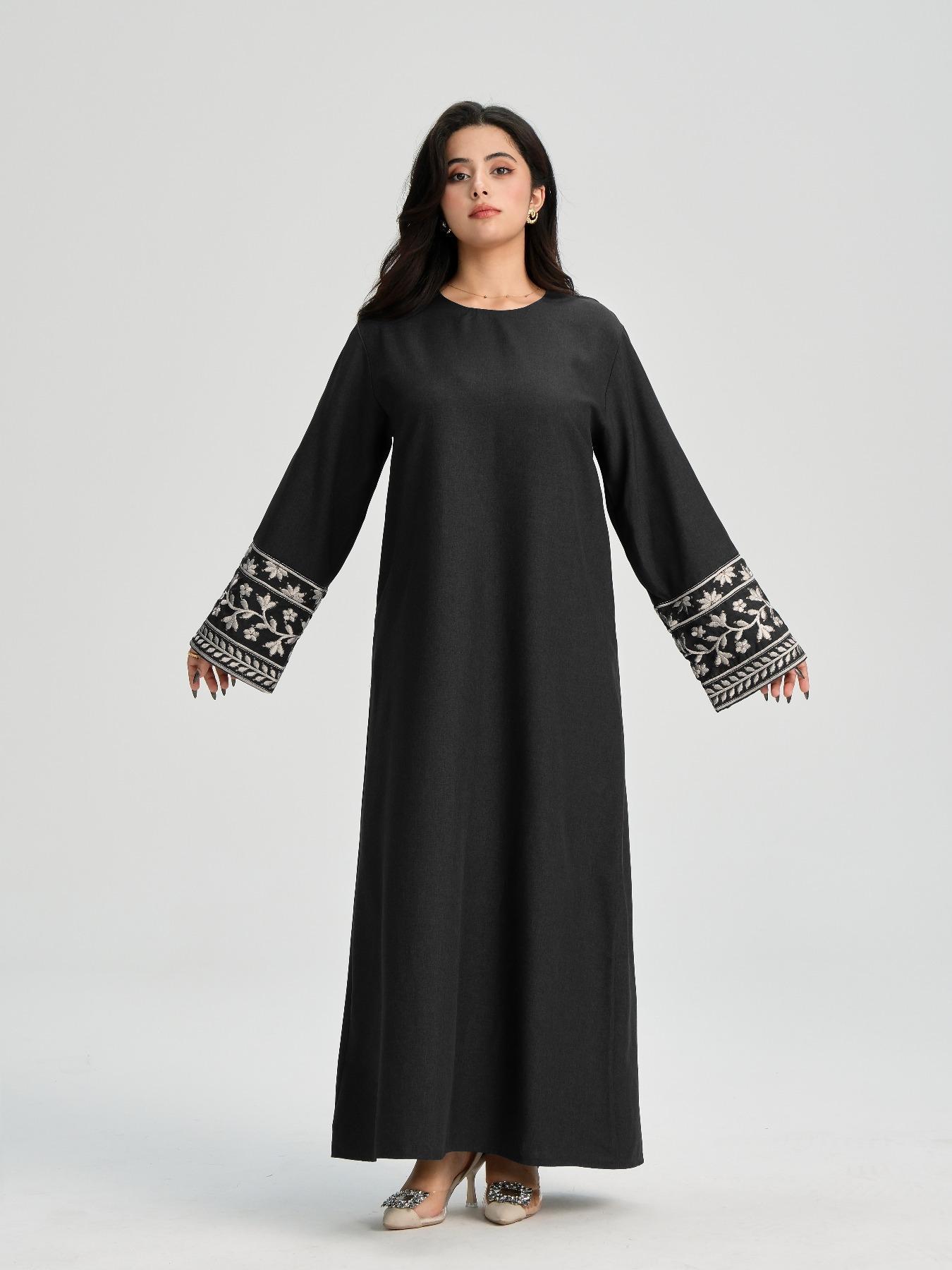 Women's Ethnic Pattern Floral Embroidery Long Sleeve Dress, Casual Round Neck Zipper Dress for Daily Wear, Ladies Islamic Clothing for All Seasons, Classy Modest Dresses, Muslim Outfits