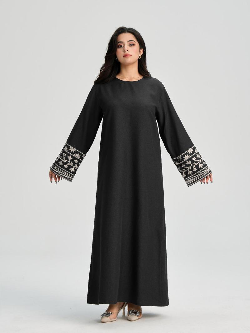Women's Ethnic Pattern Floral Embroidery Long Sleeve Dress, Casual Round Neck Zipper Dress for Daily Wear, Ladies Islamic Clothing for All Seasons