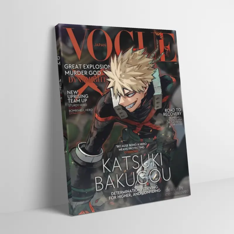 Katsuki Bakugo Vogue Cover Canvas Home Wall Art for Adult Fans, Mid-century Modern Black Flash Manga Wall, Y2K Y3K Aesthetic 1980s Retro Cinematic Poster, Anime Fashion Magazine Print for Trendy Girls