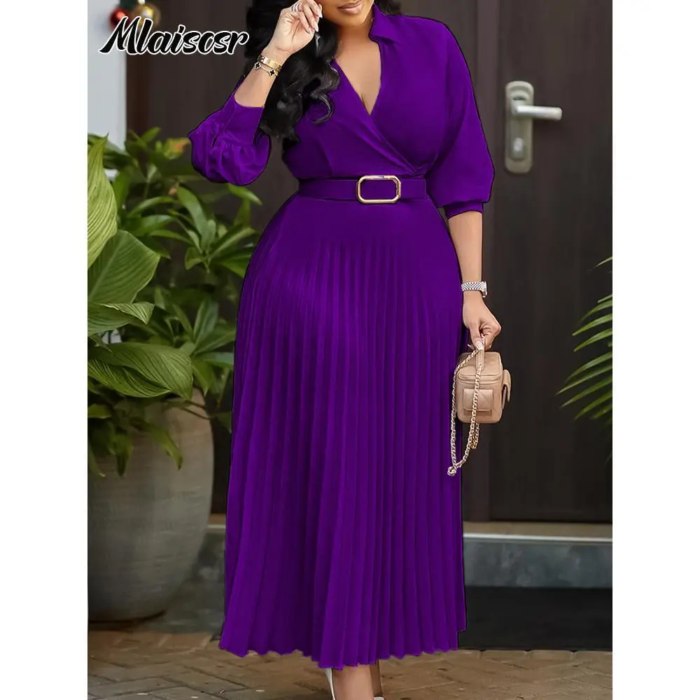 Mlaiscsr Purple Fashion Belt V-Neck Long Sleeve A-Line Pleated Dress Women Elegant Slim Evening Party Club Vestidos African Robe
