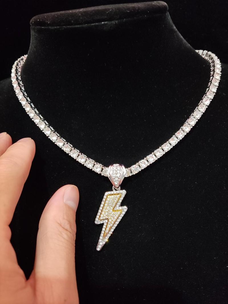 Y2K Trendy Rhinestone Lightning Shaped Pendant Necklace for Men & Women, Hip Hop Street Jewelry As Gift, Fashion Cute Jewelry for Daily Outfit
