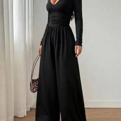 Women's Fall & Winter Long-Sleeve Solid Color Wide-Leg Jumpsuit, High-Waist Ruched Design, Basic Chic Elegant, Versatile Casual Wear