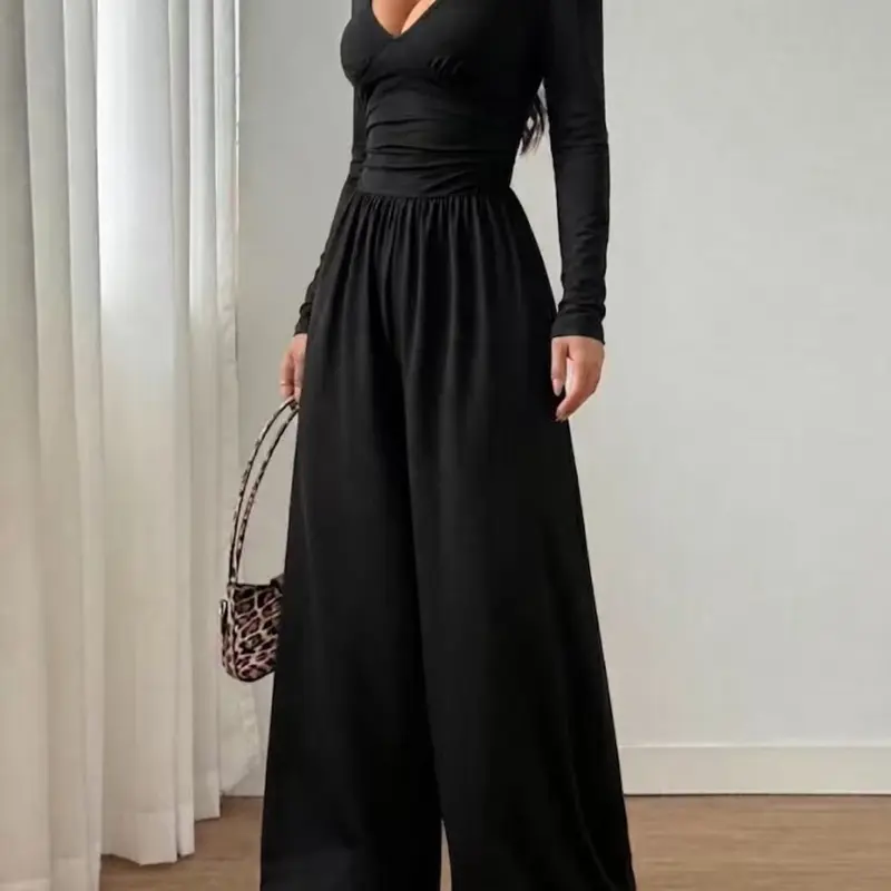 Women's Fall & Winter Long-Sleeve Solid Color Wide-Leg Jumpsuit, High-Waist Ruched Design, Basic Chic Elegant, Versatile Casual Wear