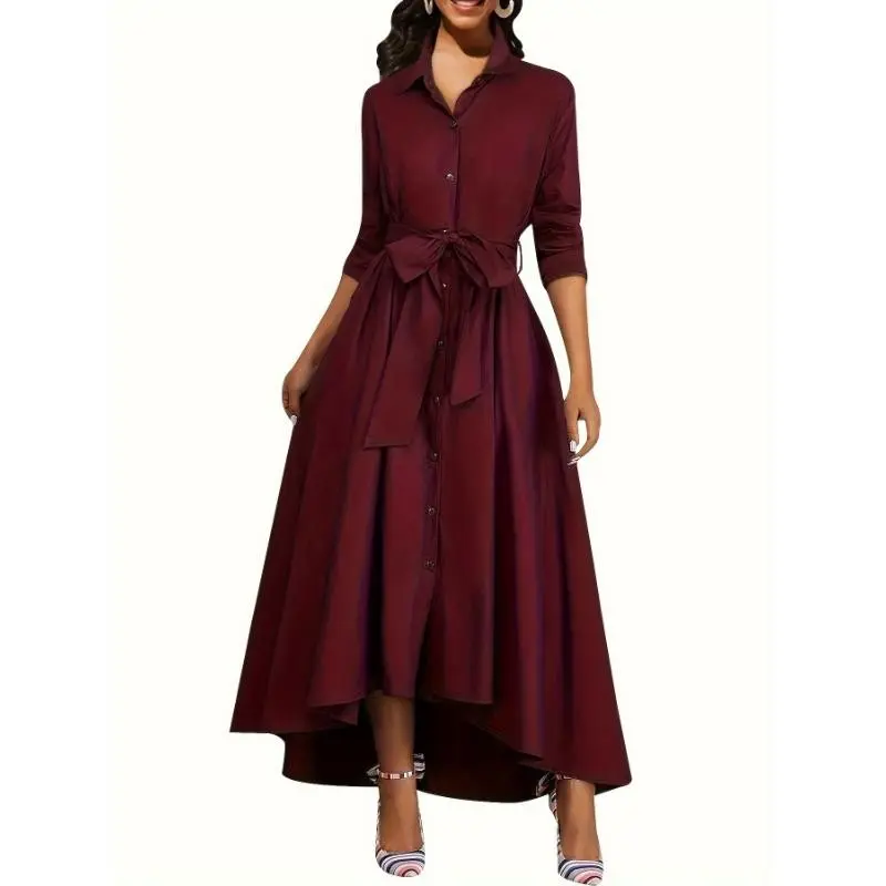 Women's Fashionable Long Sleeve Midi Dress - Fall/Winter Casual Style With Belt, Button Details And Neck Design