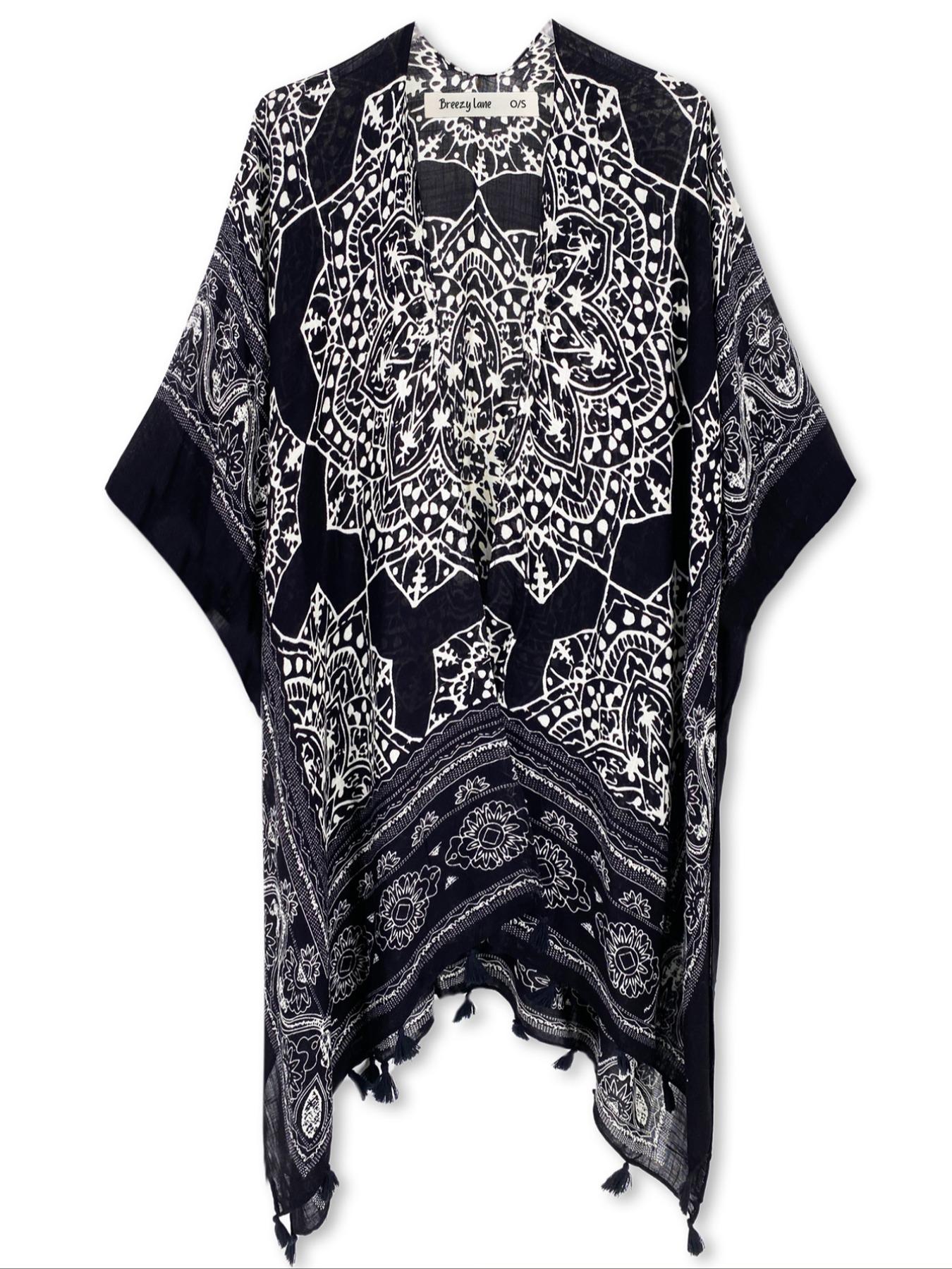 Women's Ethnic Pattern Kimono, Boho Casual Open Front Cover Up for Beach Vacation, Ladies Spring & Fall Clothes