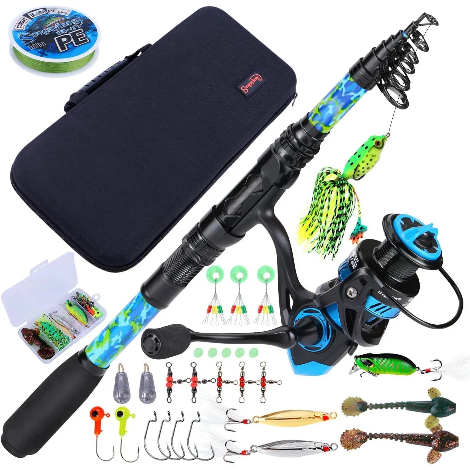 Telescopic Fishing Rod and Reel Combo - Full Kit with Carrier Bag, 11+1 Bearings Spinning Reel, Carbon Fiber Travel Pole for Bass, Trout, Catfish, Redfish - Saltwater Freshwater