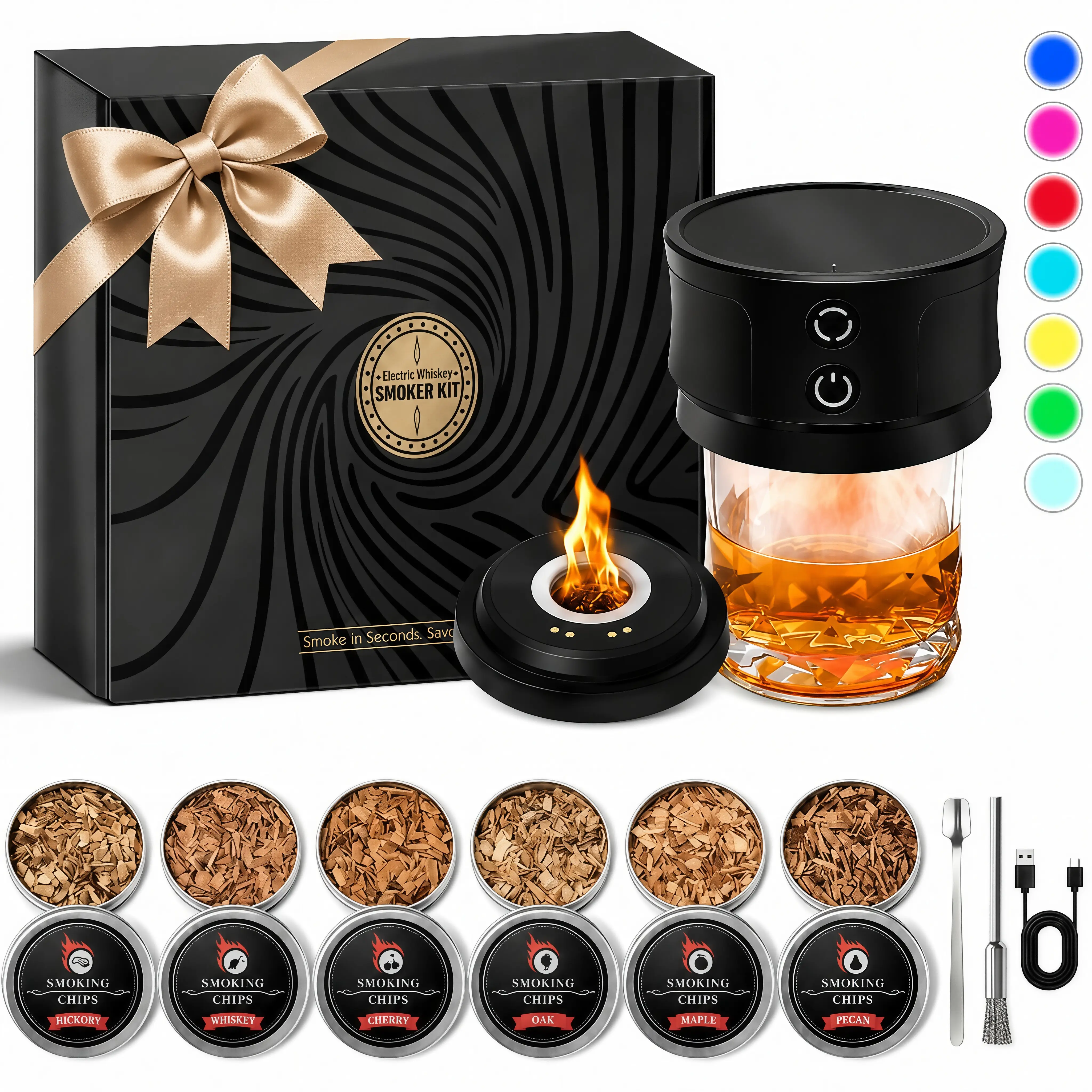 Home Electric Cocktail Smoker Equipment Kit with RGB Light Glow Smoke Infuser, No Butane Needed, 6 Wood Chips, USB-C Rechargeable, Festive Party Gift for Dad & Husband for Old Fashioned Drinks, Abs-Friendly Home Supplies