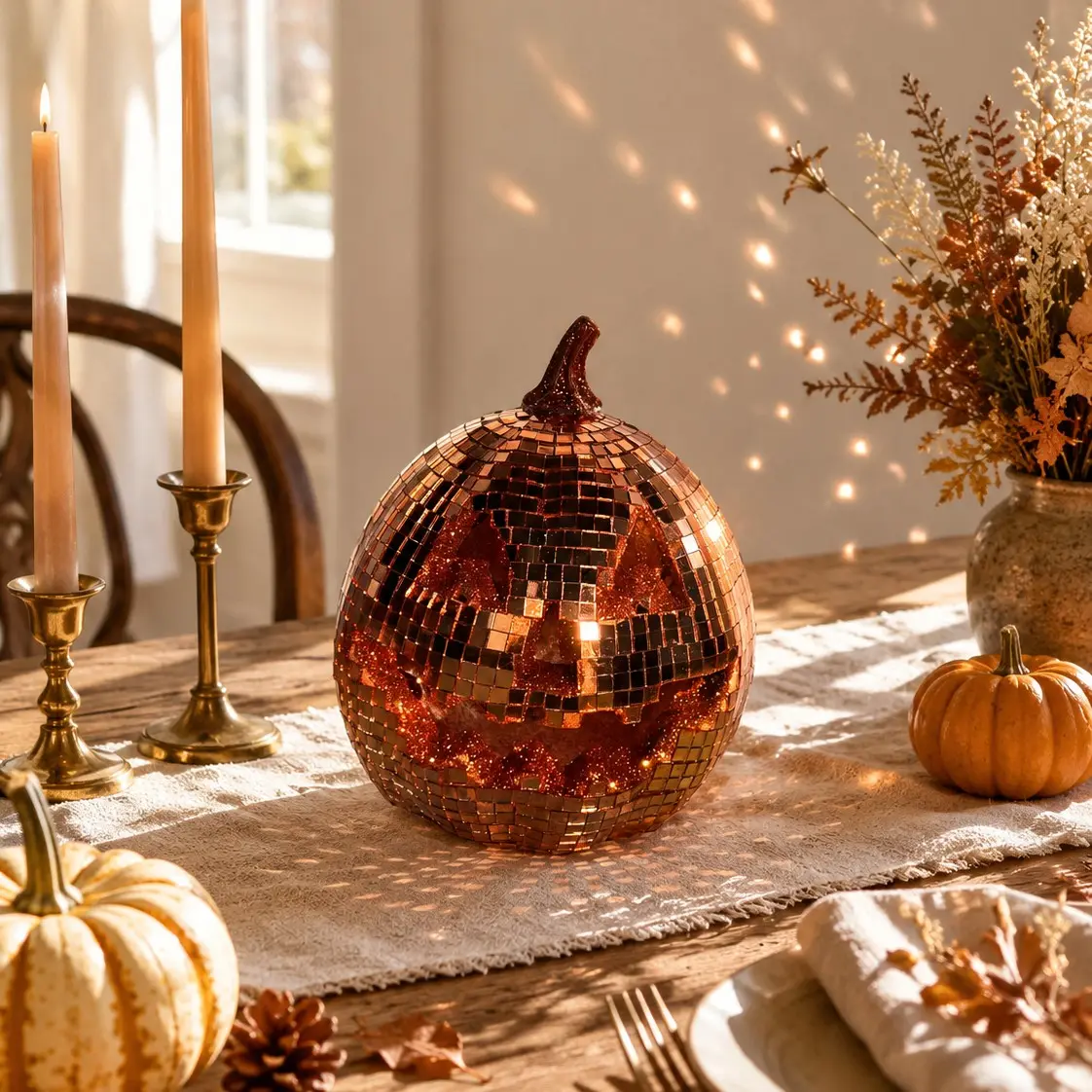 Halloween Disco Mirror Pumpkin Ghost Ornament, Creative Desktop Decor, Home Living Room, Fireplace Shelf, Party, Bar, Store Window Display