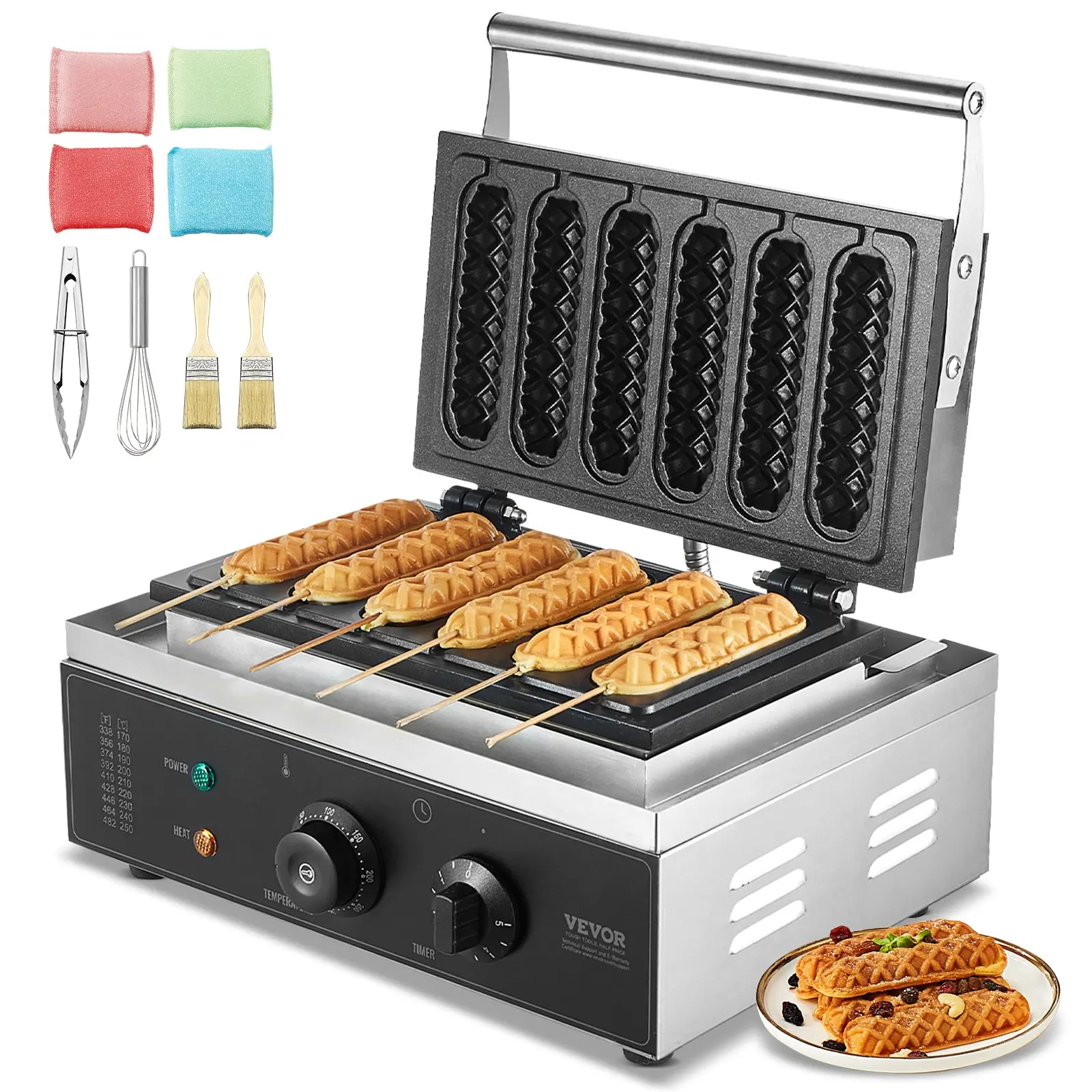 【Black Friday】Commercial 6-Piece Waffle Stick Maker with 1500W Power, Rectangular Non-Stick Stainless Steel Grill, Corn Hot Dog Iron, Temperature & Timer Control, Ergonomic Handle for Restaurant Users