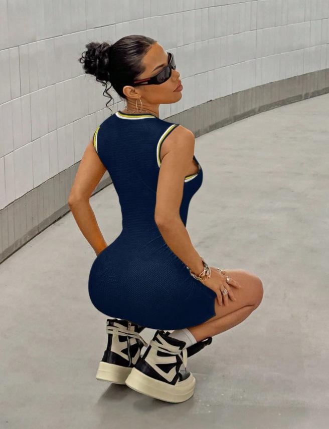 Outdoor trendy sporty color-block printed bodycon tank top short dress