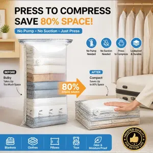 No-pump vacuum compression bags, just press to expel air. Cube-shaped vacuum seal bags for clothes, quilts, blankets, pillows, bedding, and wardrobe organization to save space.