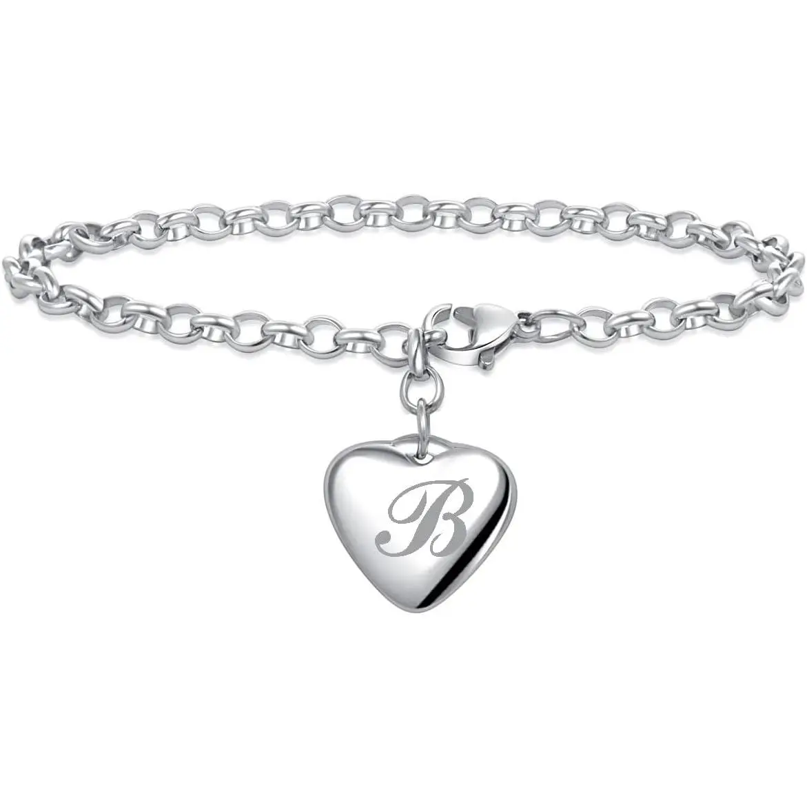 Women A to Z Initial Letter  Bracelets Stainless Steel | Alphabet Heart 26 Letters Link Bracelet for Mens Birthday Gifts