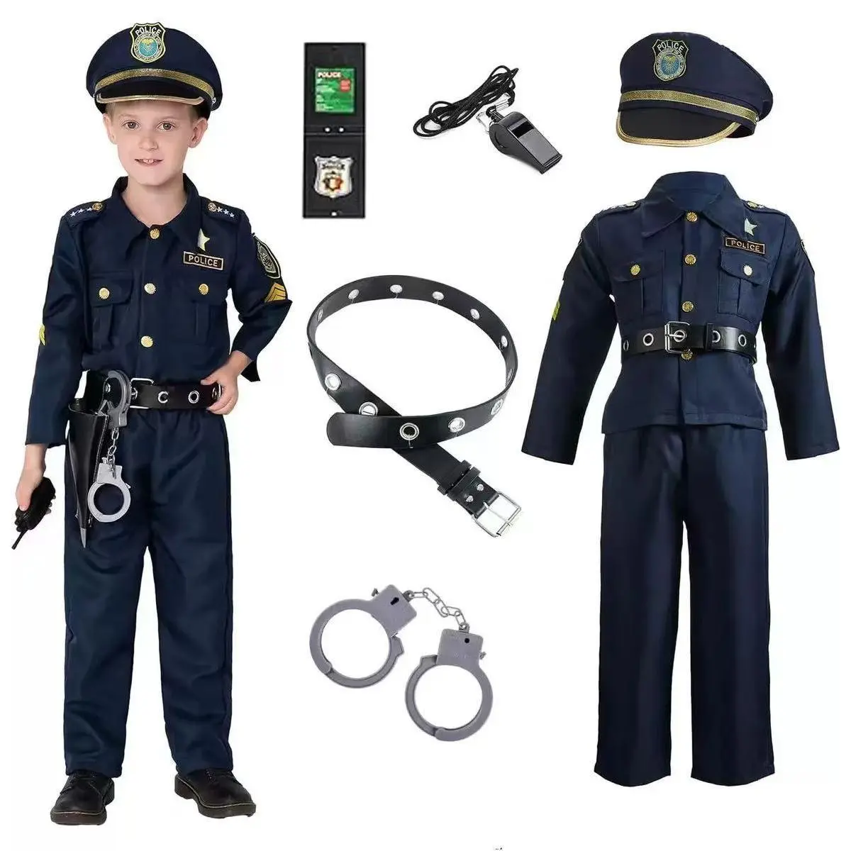 Police Officer Costume Set For Kids - Navy Blue Cop Uniform with Shirt, Pants, Hat, Belt, Whistle, Holster & Walkie Talkie – Perfect for Halloween, School Play & Patriotic Festival - Cosplay Costume