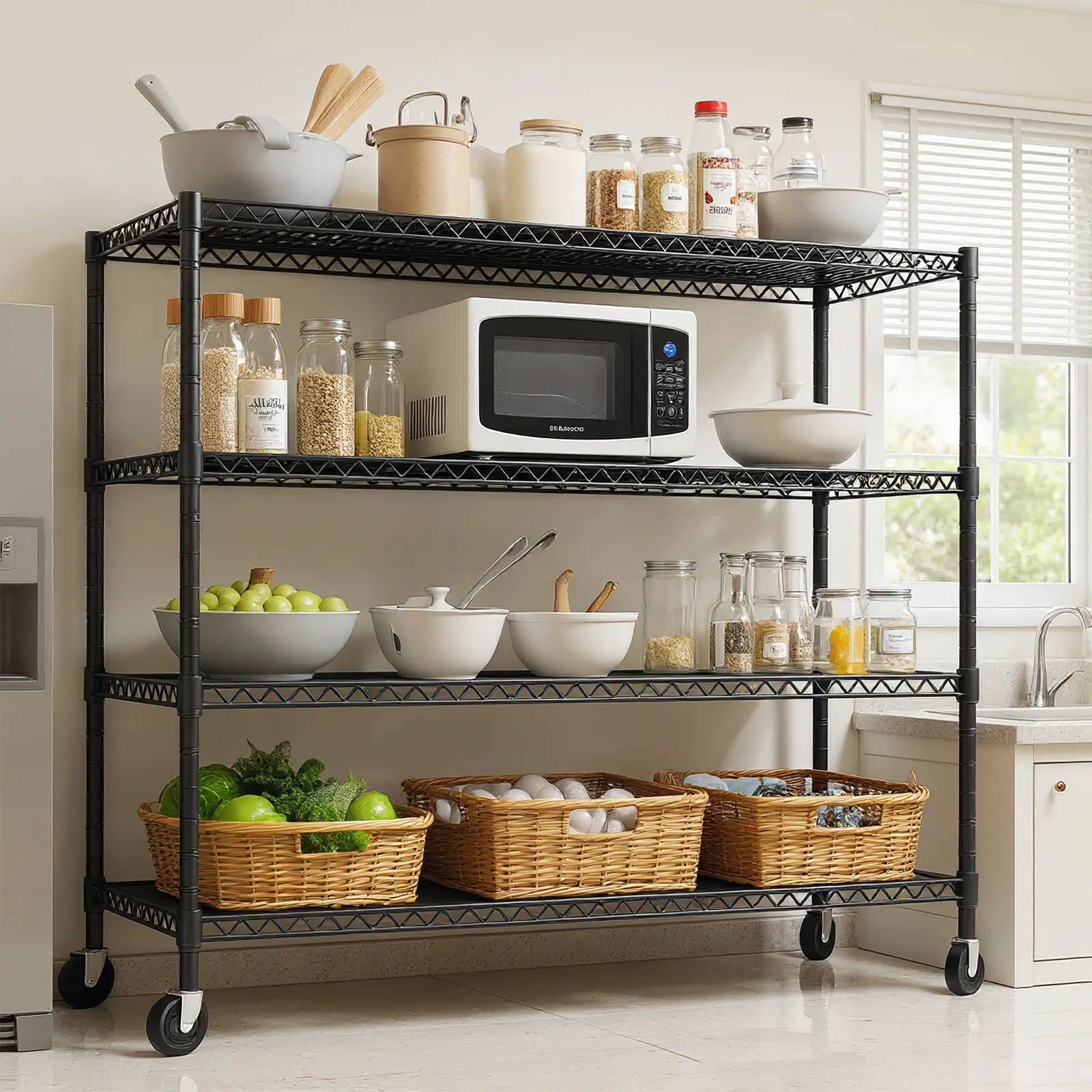 4-Tier Wire Storage Shelves with Wheels - Heavy Duty Adjustable Rolling Shelving Unit for Pantry, Kitchen, Garage, 2200 LBS Capacity, 24" D x 55.5" W x 75" H