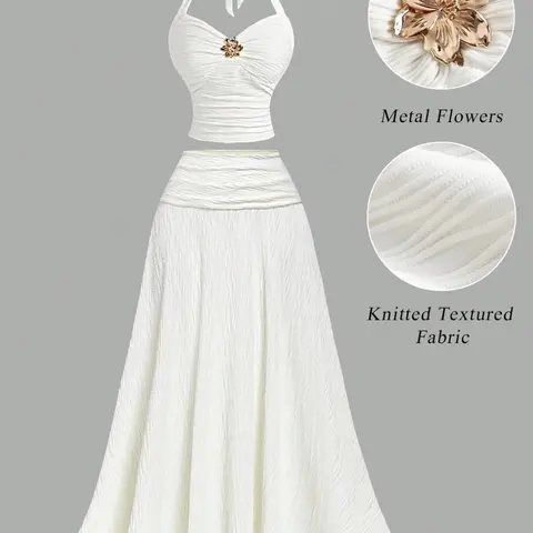 2-Piece Women's Romantic Chic Ruched Halter Neck Crop Top & Flowy Skirt Set, Metal Floral Decor, Cottagecore Aesthetic Style, Wrinkle Resistant Soft Stretch Fabric, Slim-Fit Textured White Outfit for Women, Ideal for Vacations, Dates & Beach, Womenswear