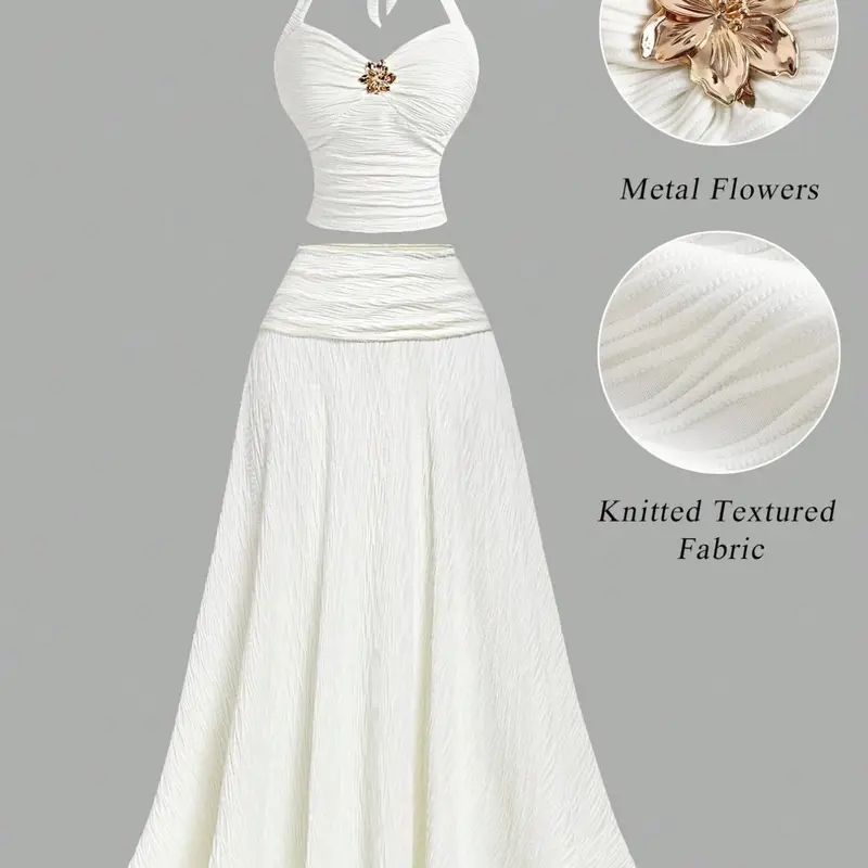 2-Piece Women's Romantic Chic Ruched Halter Neck Crop Top & Flowy Skirt Set, Metal Floral Decor, Cottagecore Aesthetic Style, Wrinkle Resistant Soft Stretch Fabric, Slim-Fit Textured White Outfit for Women, Ideal for Vacations, Dates & Beach, Womenswear