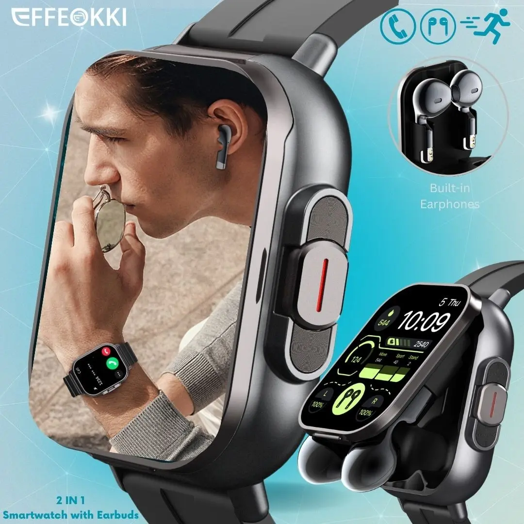 EFFEOKKI 2 in 1 Smart Watch with Earbuds Inside Wireless Calling NFC Fitness Tracker TWS Music Enjoyment Multi Sport Modes Step Counter Compatible Android iOS Smartphone, A Smart Choice for Men on the Go, Smartwatch with Earbuds