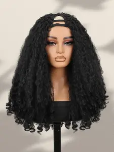 Afro Curly V Part Wig Synthetic Afro Wigs for Black Women Natural Texture with Unique Bouncy Curls in the End 20 Inch Soft Synthetic Curly V Part Wigs for Daily and Party Glueless Curly Wig Natural Looking Wigs Kinky Curl Wig