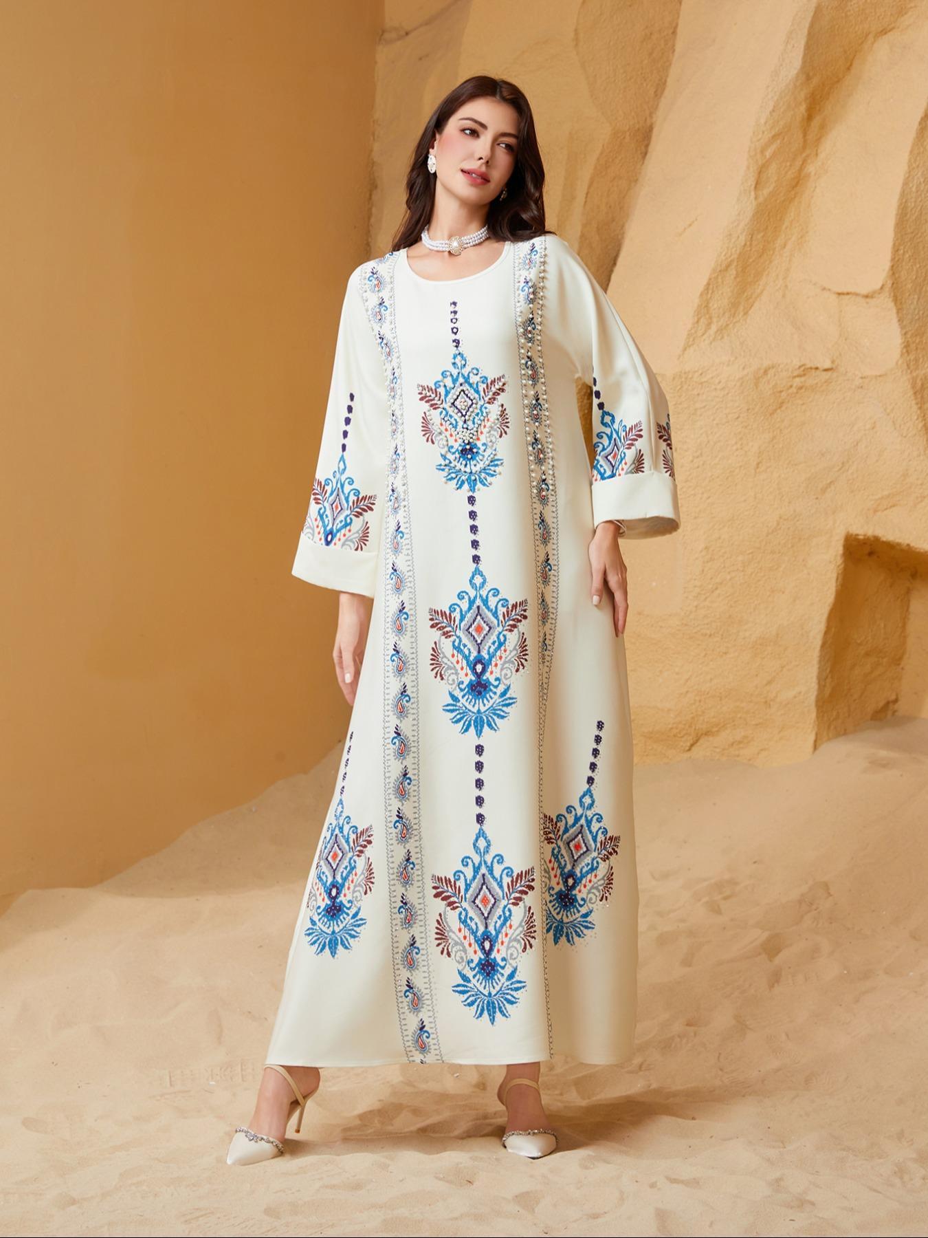Middle Eastern Women's Embellished Pearl Round Neck Floral Printed Luxurious Elegant Jalabiya Dress, Loose-Fitting All Seasons Fashion