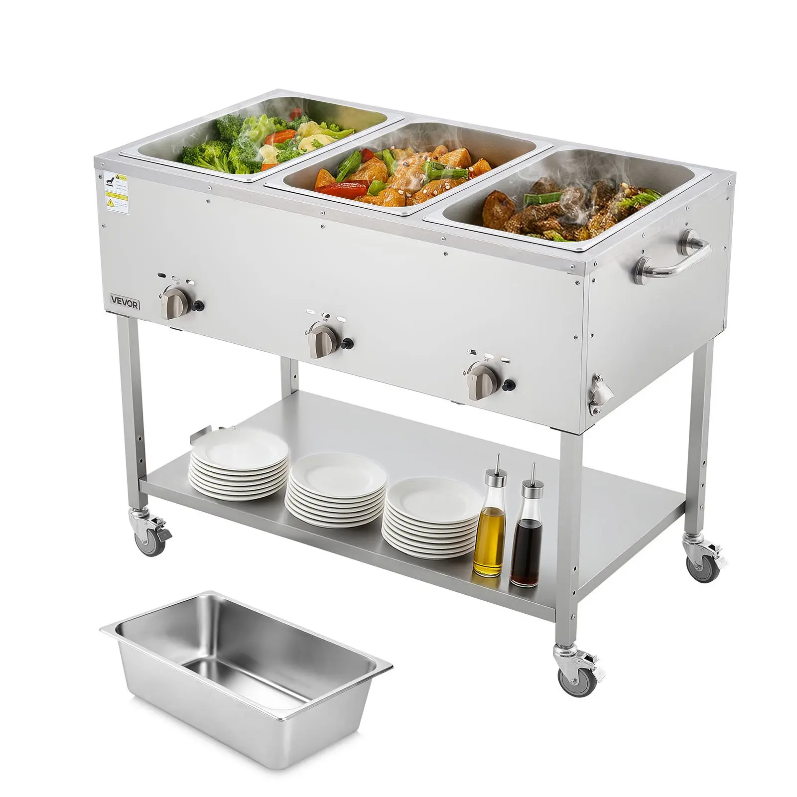 VEVOR 3-Pan Commercial Propane Steam Table Set, LP Gas Outdoor Soup Warmer with Drain Valve, 3" Wheels, Stainless Steel Build & Independent Temp Control for Restaurant Camping, Set Of Three