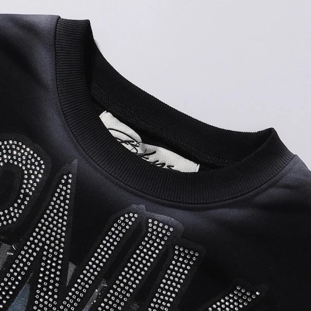 Vintage Washed Heavyweight BKYS Hip Hop T-Shirt, Bling Rhinestone & Hot Stamping Glitter Graphic, Retro Y2K Streetwear Loose Cotton Short Sleeve Tee for Men Women