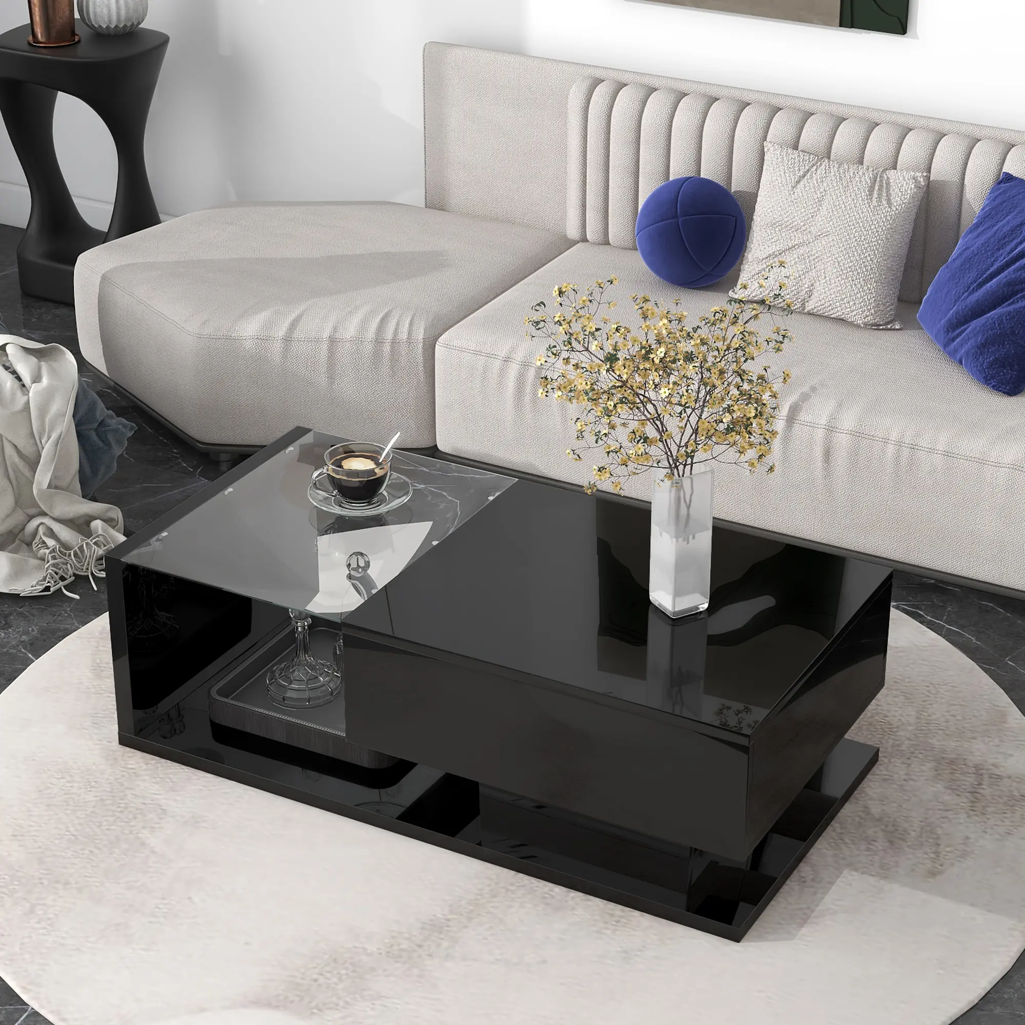 ARCH Modern 2-Tier Rectangle Tempered Glass Top Coffee Table - Black High-Gloss UV Surface Particle Board Cocktail Table, Sturdy Frame, Easy Assembly, Space-Saving Living Room Center Piece