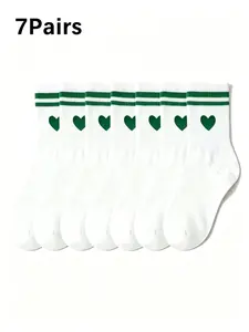 7 Pairs Women's Green Heart Print Double Striped Crew Socks, Breathable Cotton Preppy Sport Mid Calf Socks, Casual Y2K Daily Wear Socks