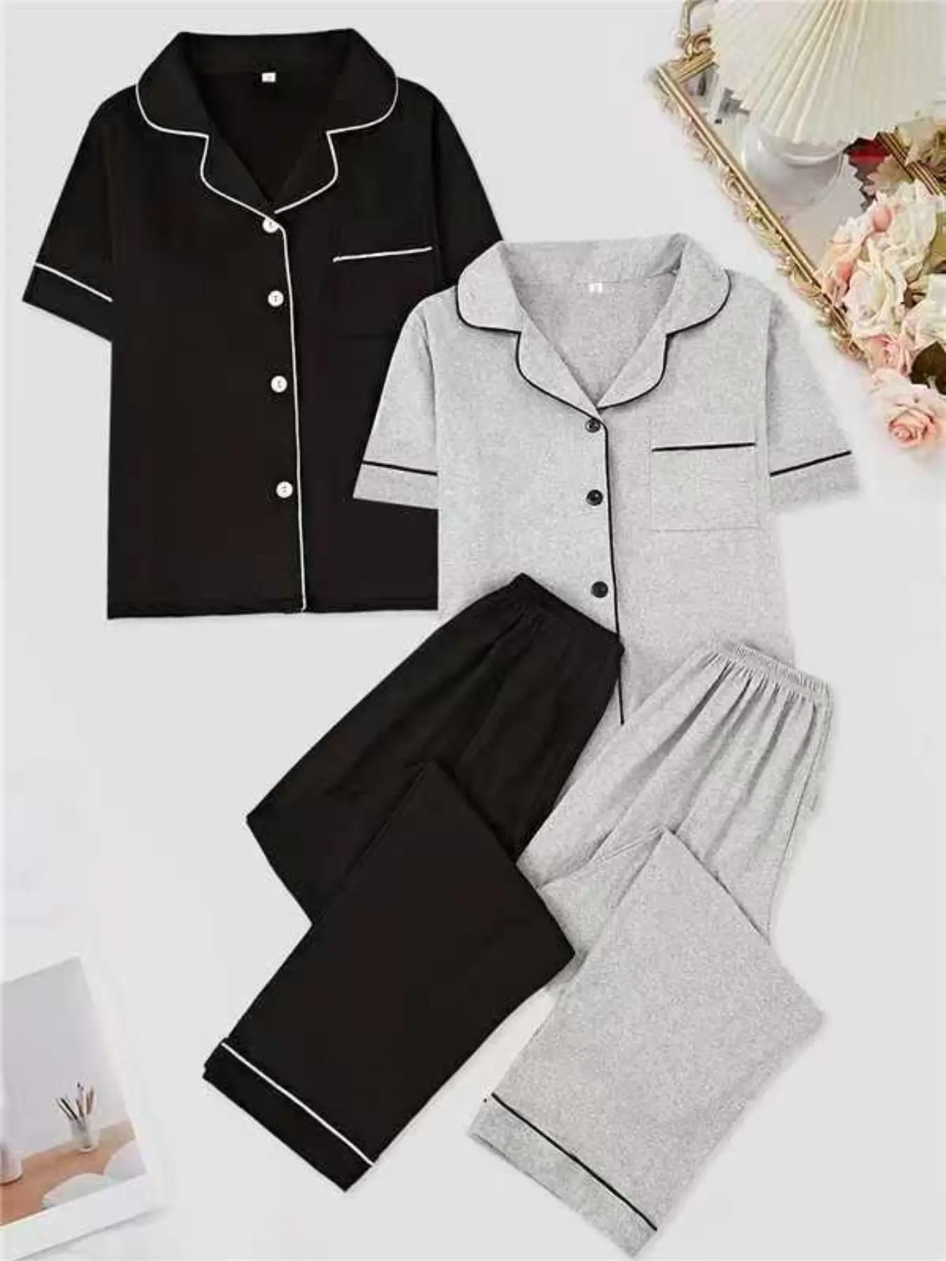 4-Piece Home Wear Pajama Set, New Short Sleeve Long Pants, Milk Silk Collar, Chest Pocket, Spring Fall Lounge