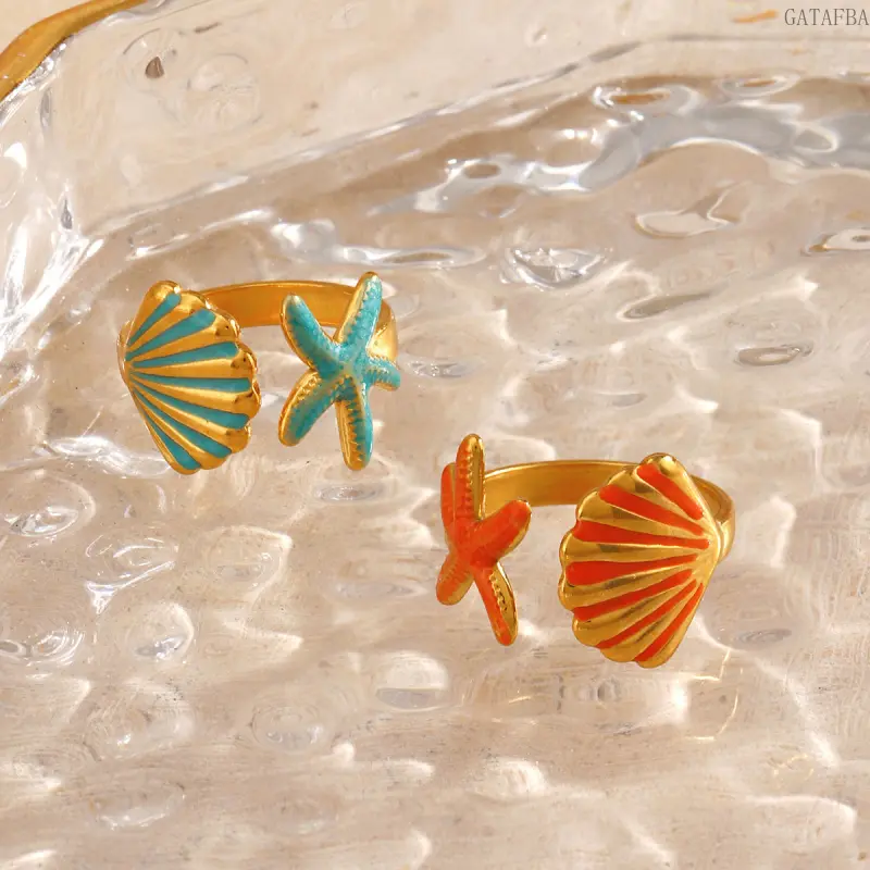 Beach Vacation Starfish & Shell Enamel Open Adjustable Stainless Steel Ring