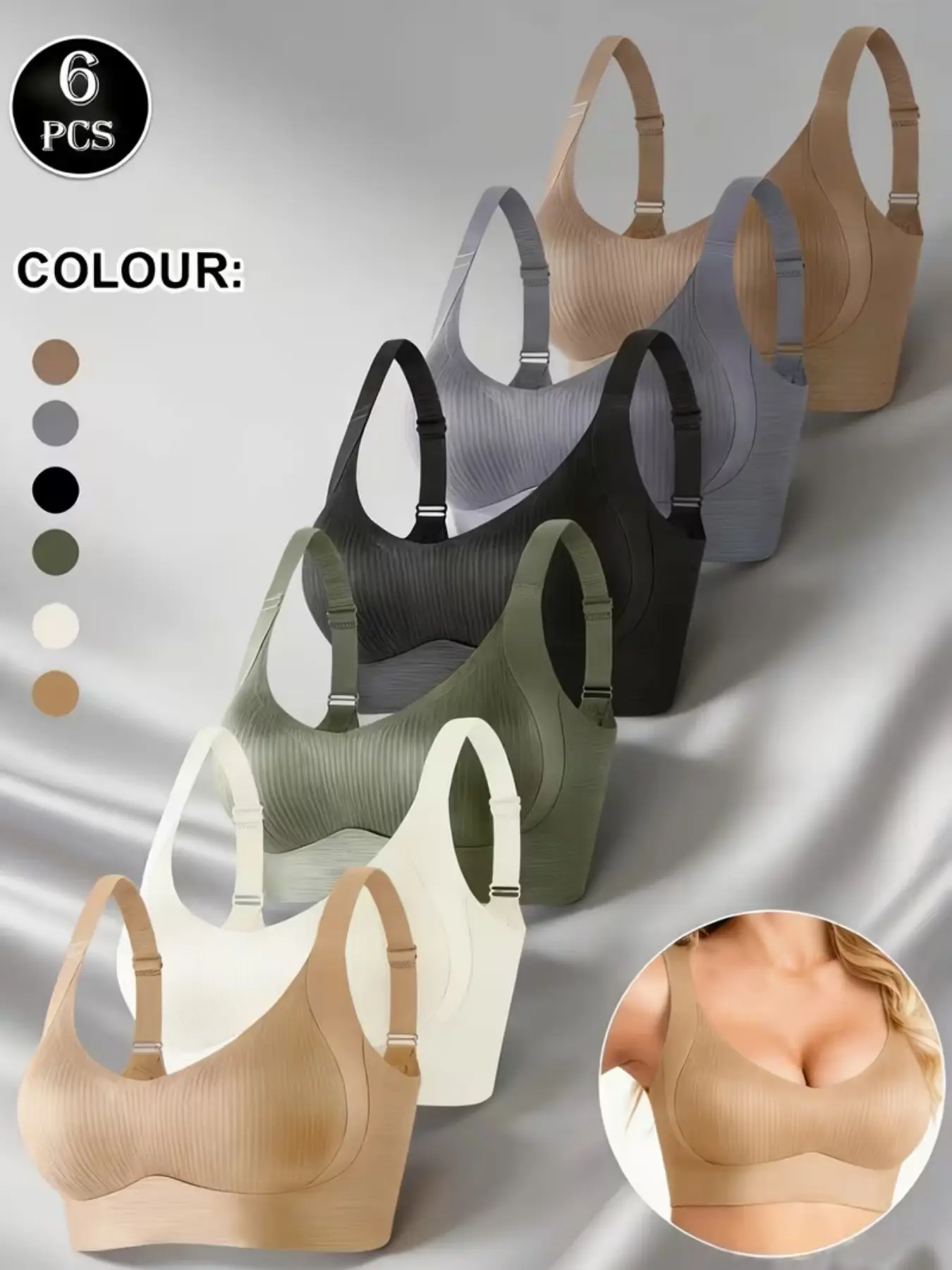 6-Pack Simple Solid Seamless Bras, Soft Support Non-Slip Full Coverage, Casual Lingerie for All Seasons, Slim-Fit Wireless Bralettes Underwear Bra