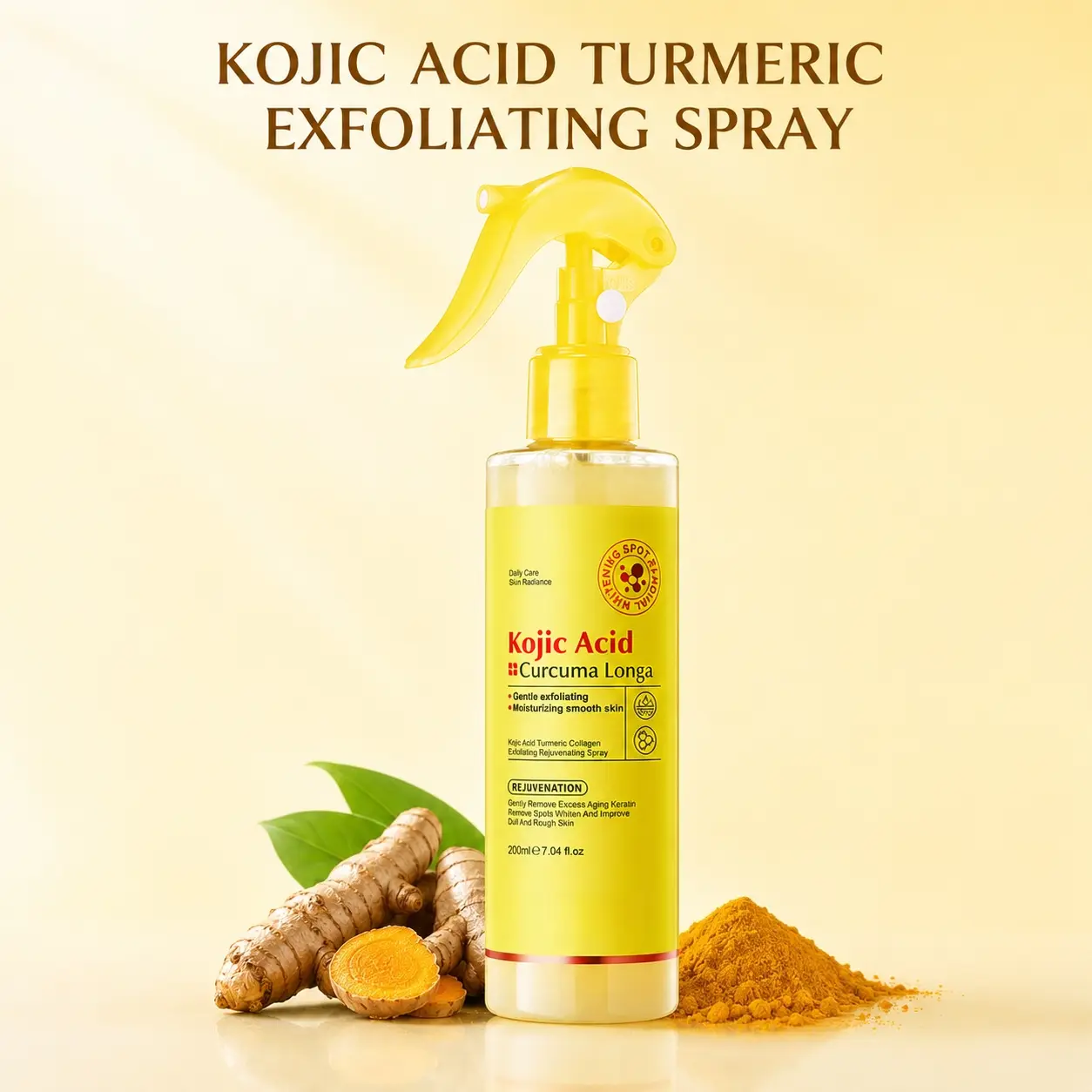 Kojic Acid & Turmeric Exfoliating Spray, 200ml, Brightening Exfoliating Moisturizing Formula, contains collagen, moisturizes and brightens, glowing and smooth, deeply cleanses, suitable for all skin types, Korean skincare product.
