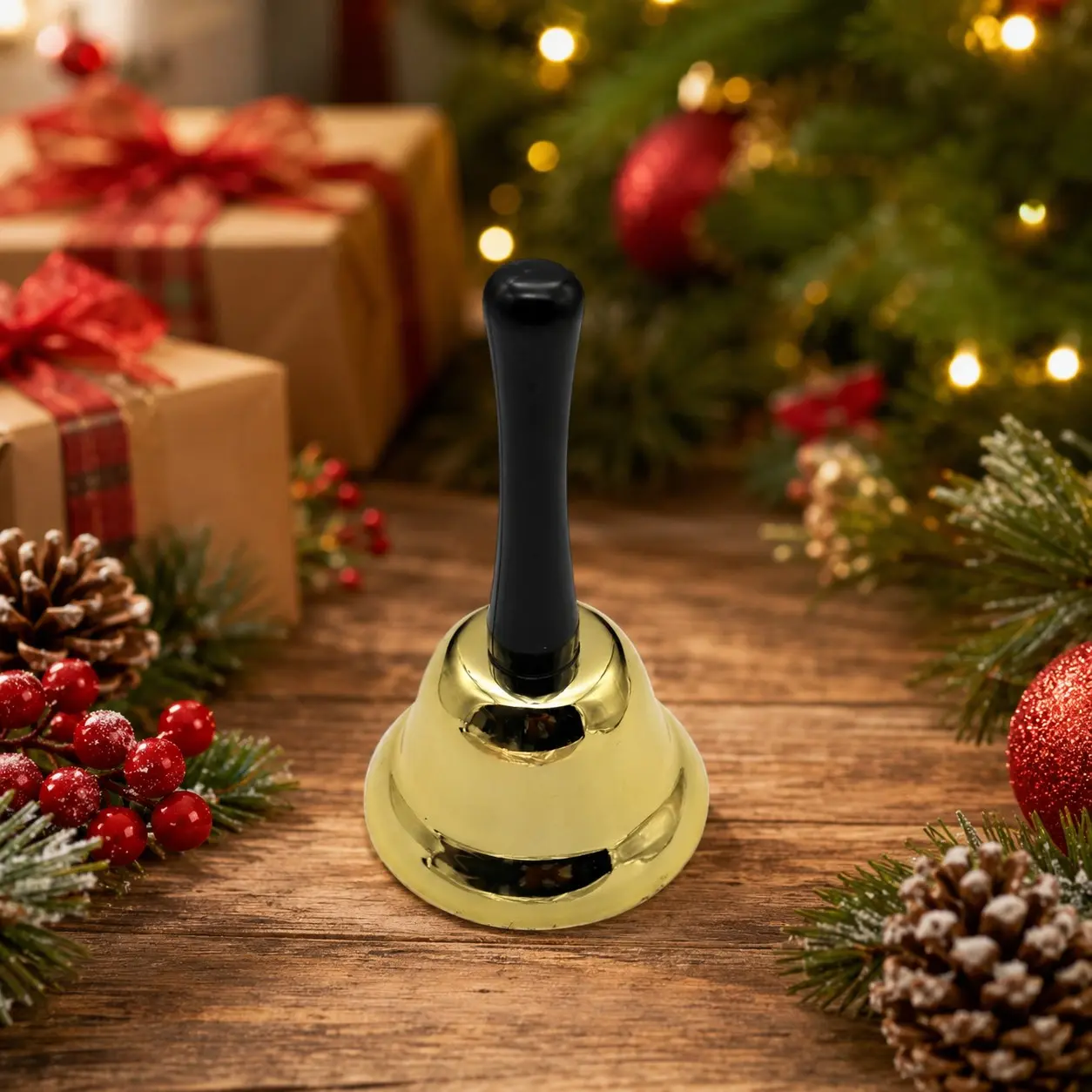 1 Pc Gold Christmas Hand Bell – Metal Jingle Bell for Holiday Decorations, Santa Costume, Party, Wedding & Home Décor. Vintage Call Bell, Dinner Bell & Service Bell for Restaurant, Reception & Classroom
