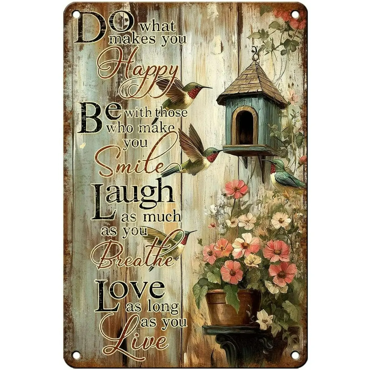 8X12 Inch Hummingbird Garden Sign, Inspirational Metal Wall Decor “Do What Makes You Happy” Floral Bird Artwork, Outdoor Garden Patio Home Decoration